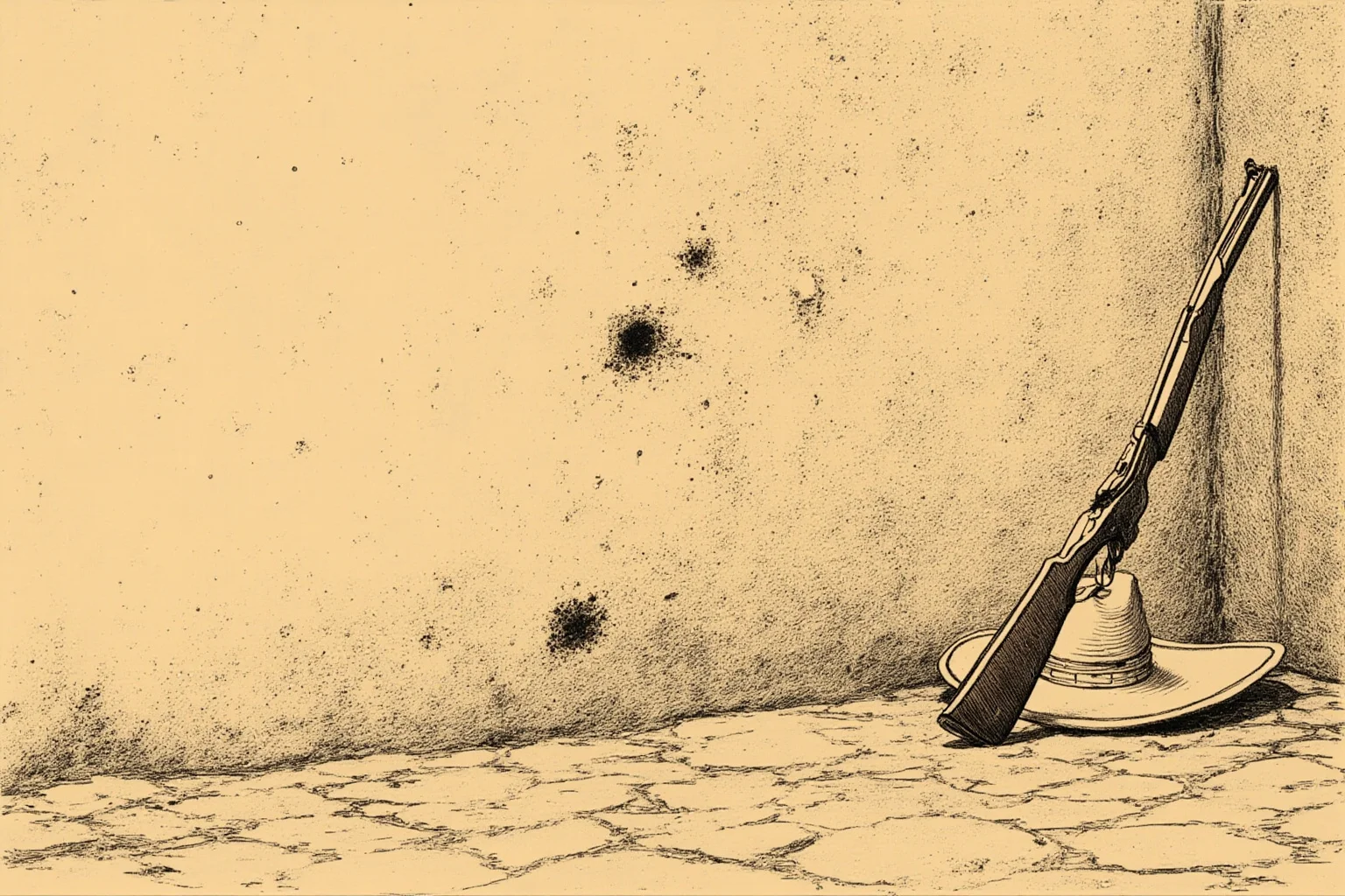 Executions Gone Horribly Wrong: 28 Botched Executions That Shocked History 28 Illustration of a dusty revolutionary-era Mexican courtyard wall marked with bullet holes, a sombrero and a rifle leaning against it, sepia tones, no figures.