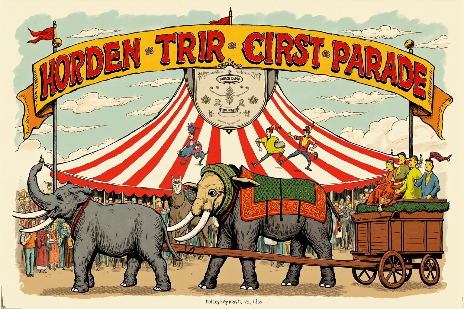 Illustration of a festive circus parade with elephants, wagons, and a large banner under a big top, vintage poster style