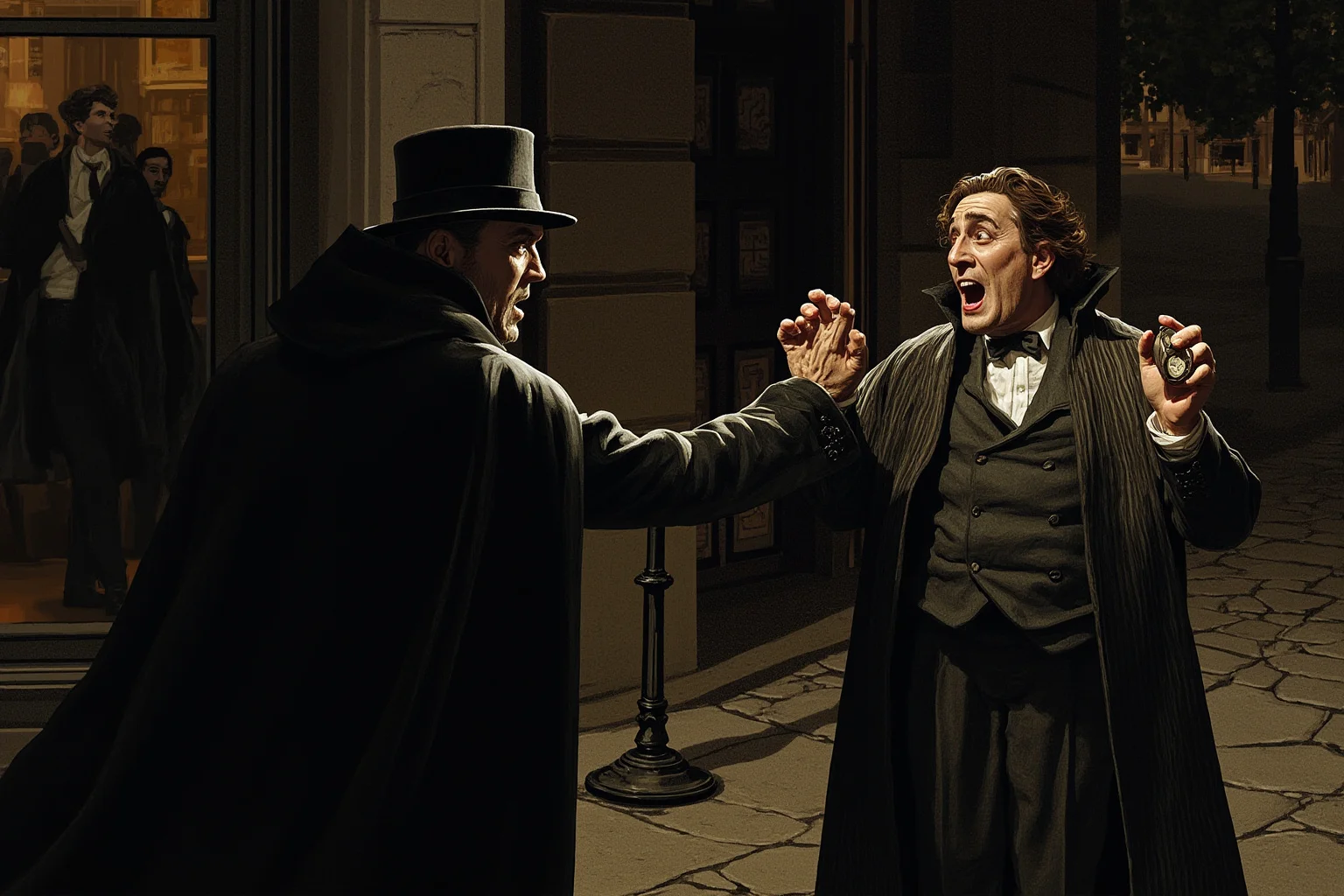 Illustration of a figure in a dark cloak confronting a startled opera singer on a Paris street at night, snuffbox and pocket watch in hand, baroque style