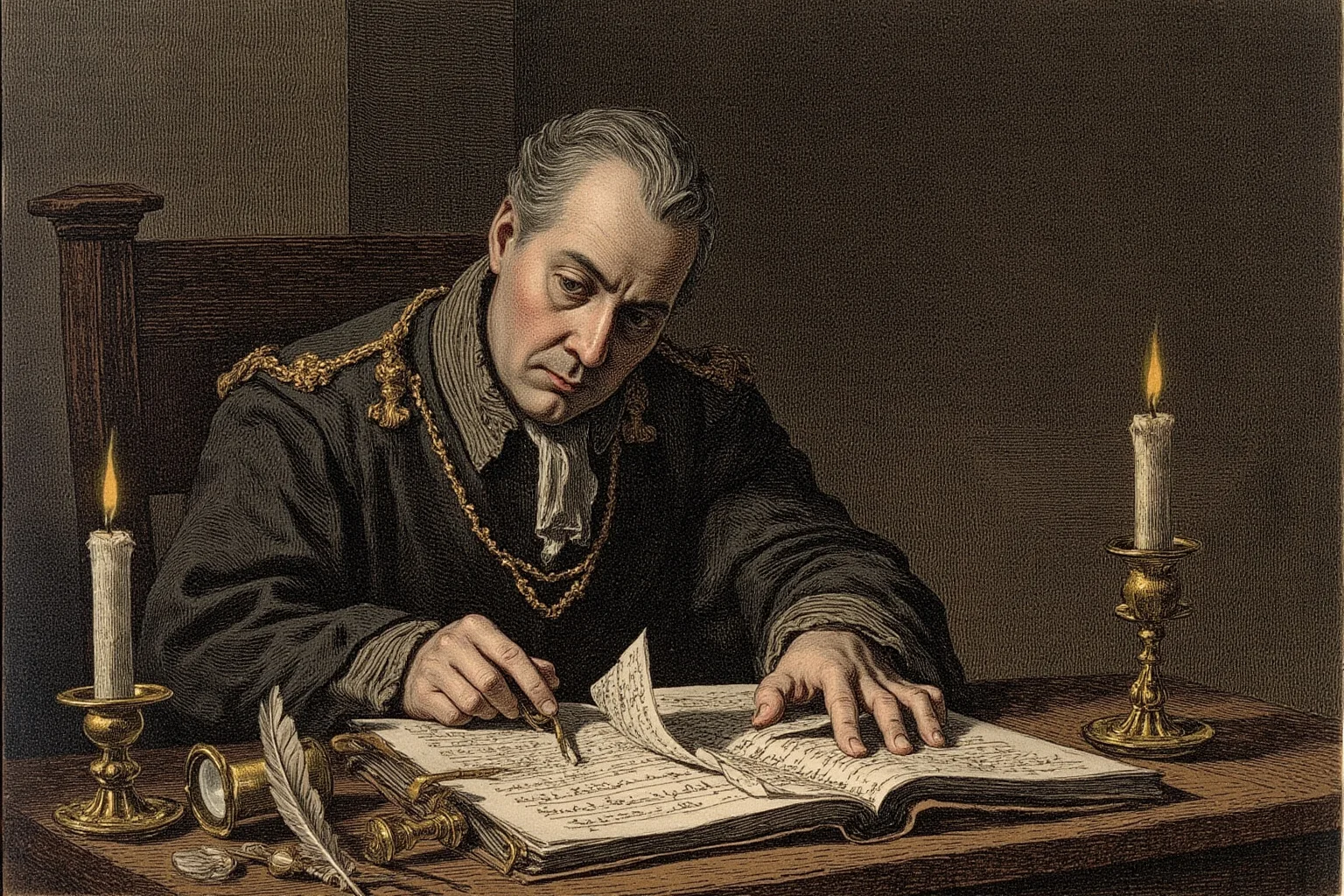 Illustration of a French magistrate reading a sealed legal sentence in a 17th-century courtroom, quills and candlelight, no gore