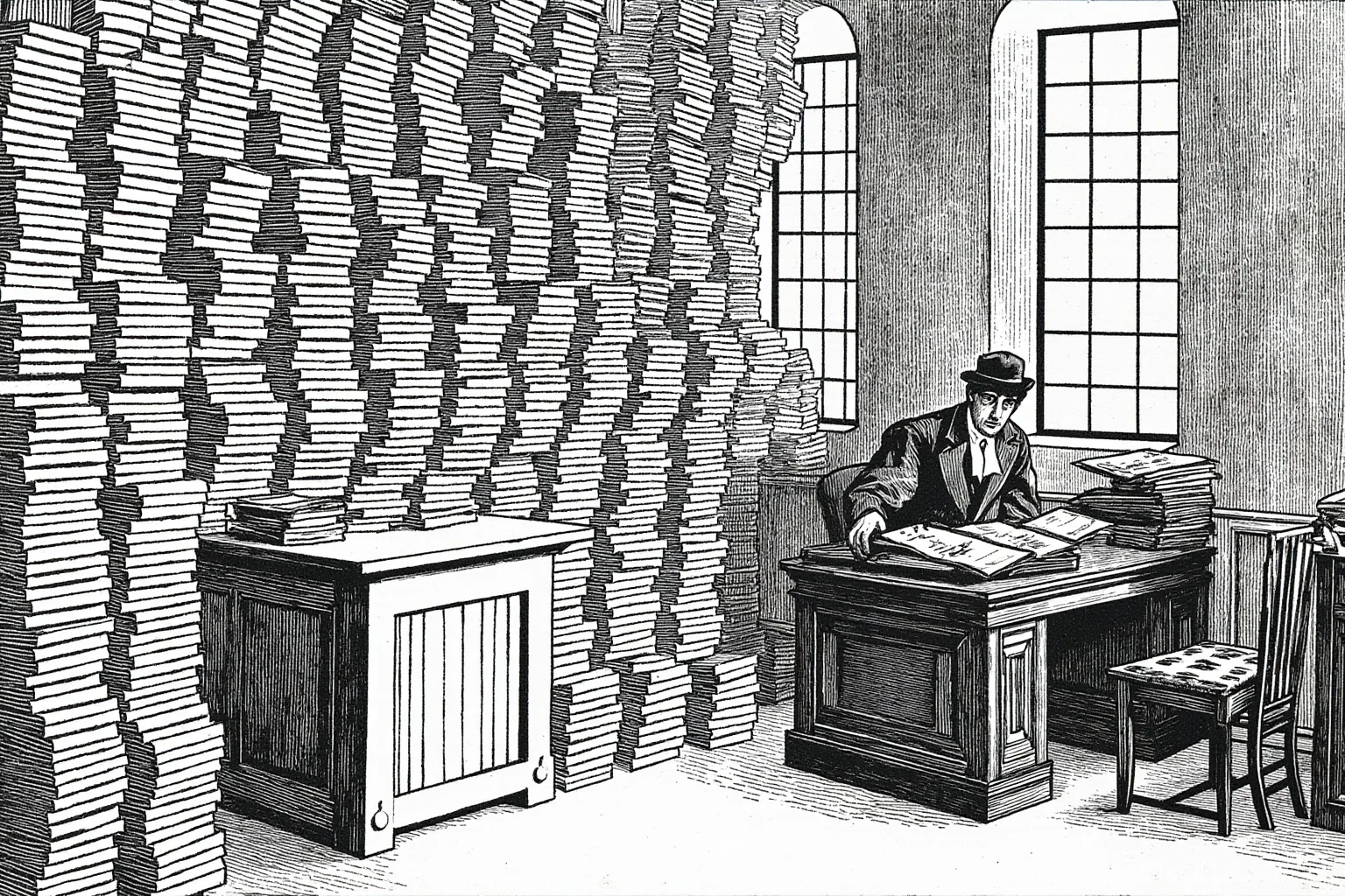 Illustration of a Gilded Age government office with stacks of job applications on one side and a merit exam desk on the other, steel-engraving style