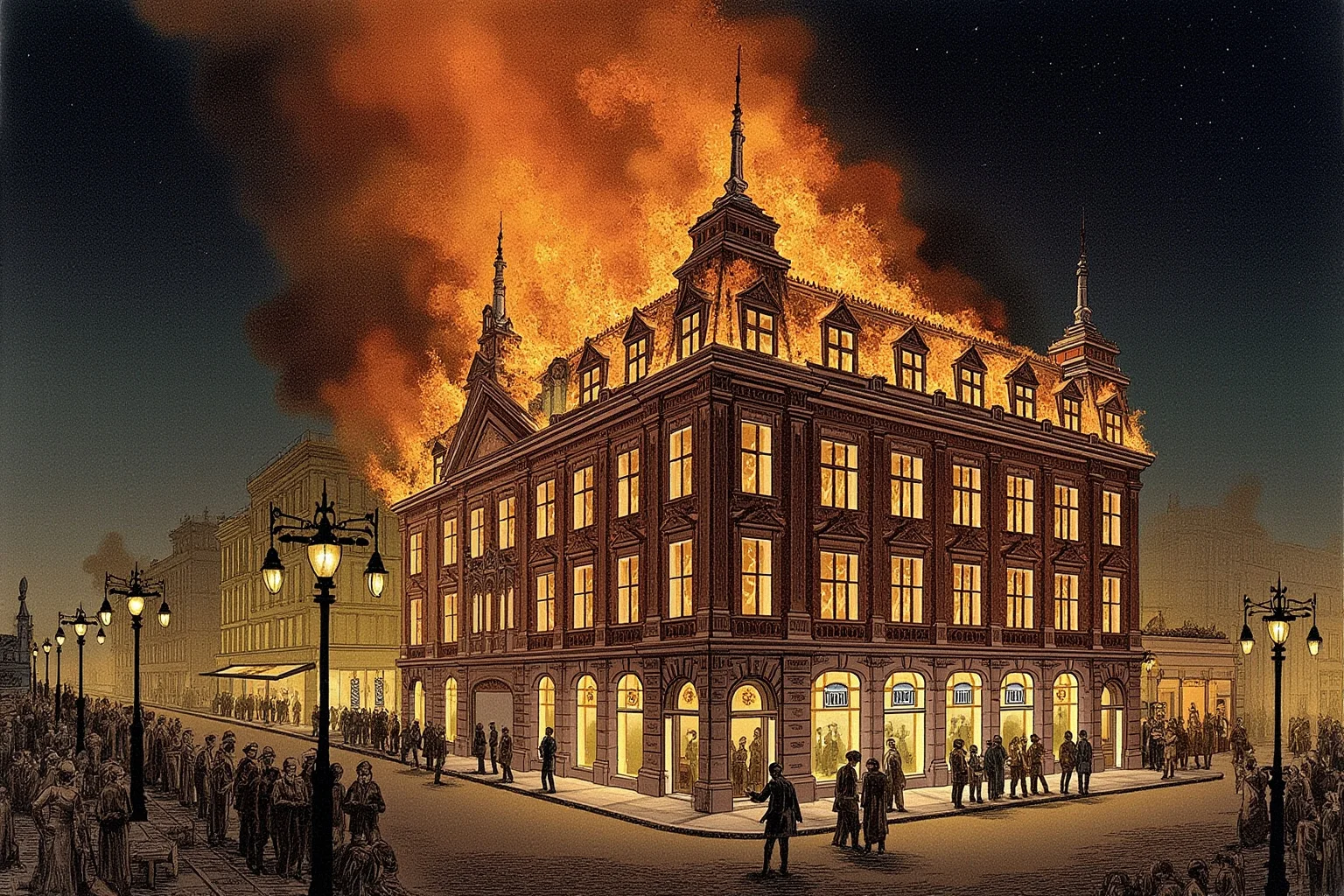 Illustration of a grand Victorian museum building engulfed in flames at night with crowds watching from the street
