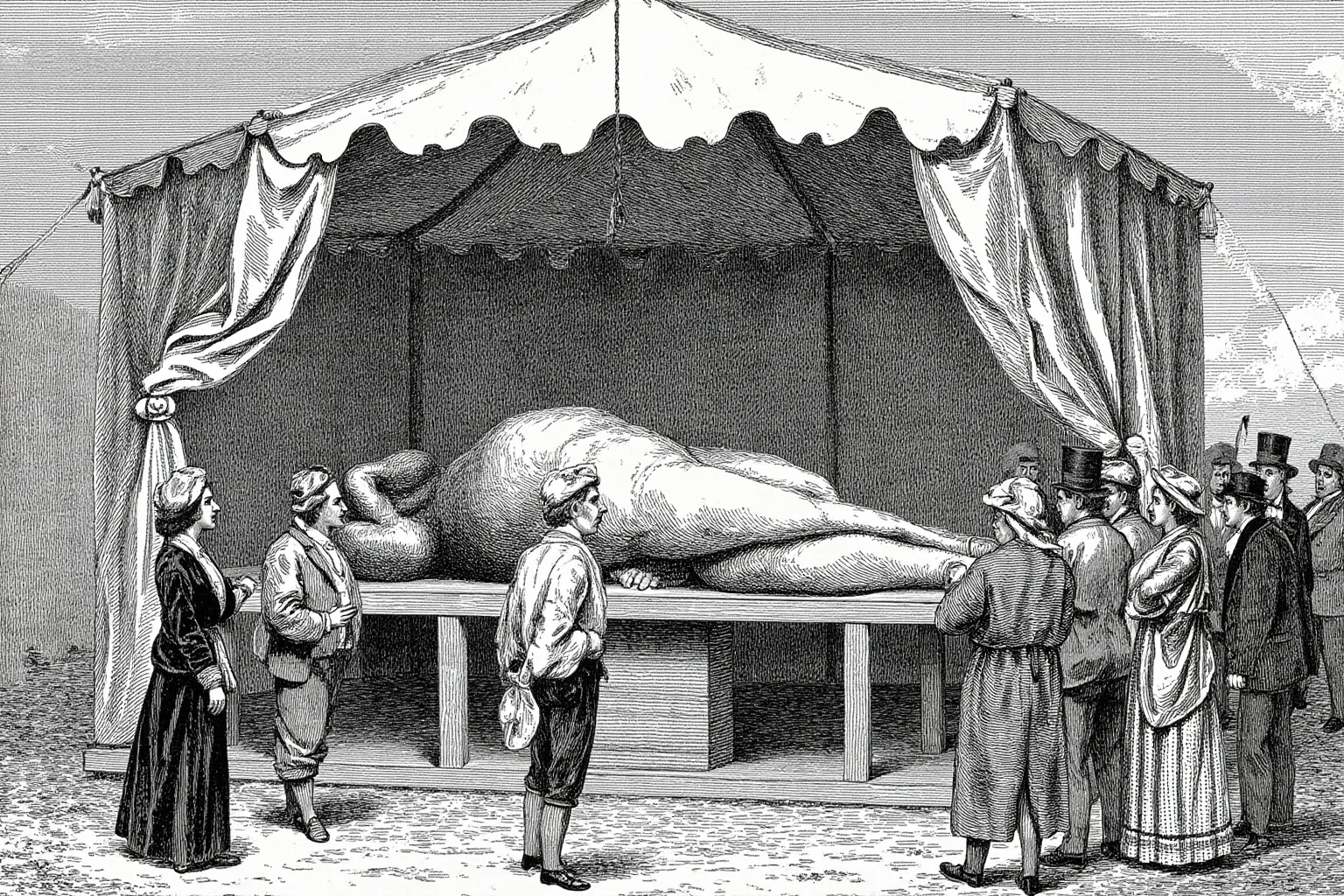 Illustration of a large stone giant figure lying inside an exhibit tent while Victorian visitors peer at it, vintage engraving style