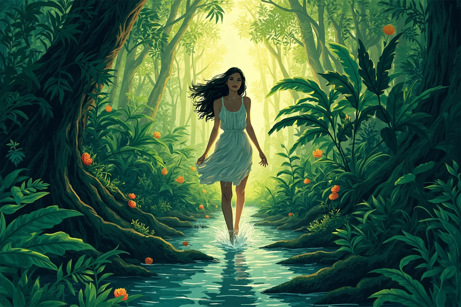 Illustration of a lush Amazon rainforest canopy with a young woman in a torn dress walking along a jungle stream, dappled light