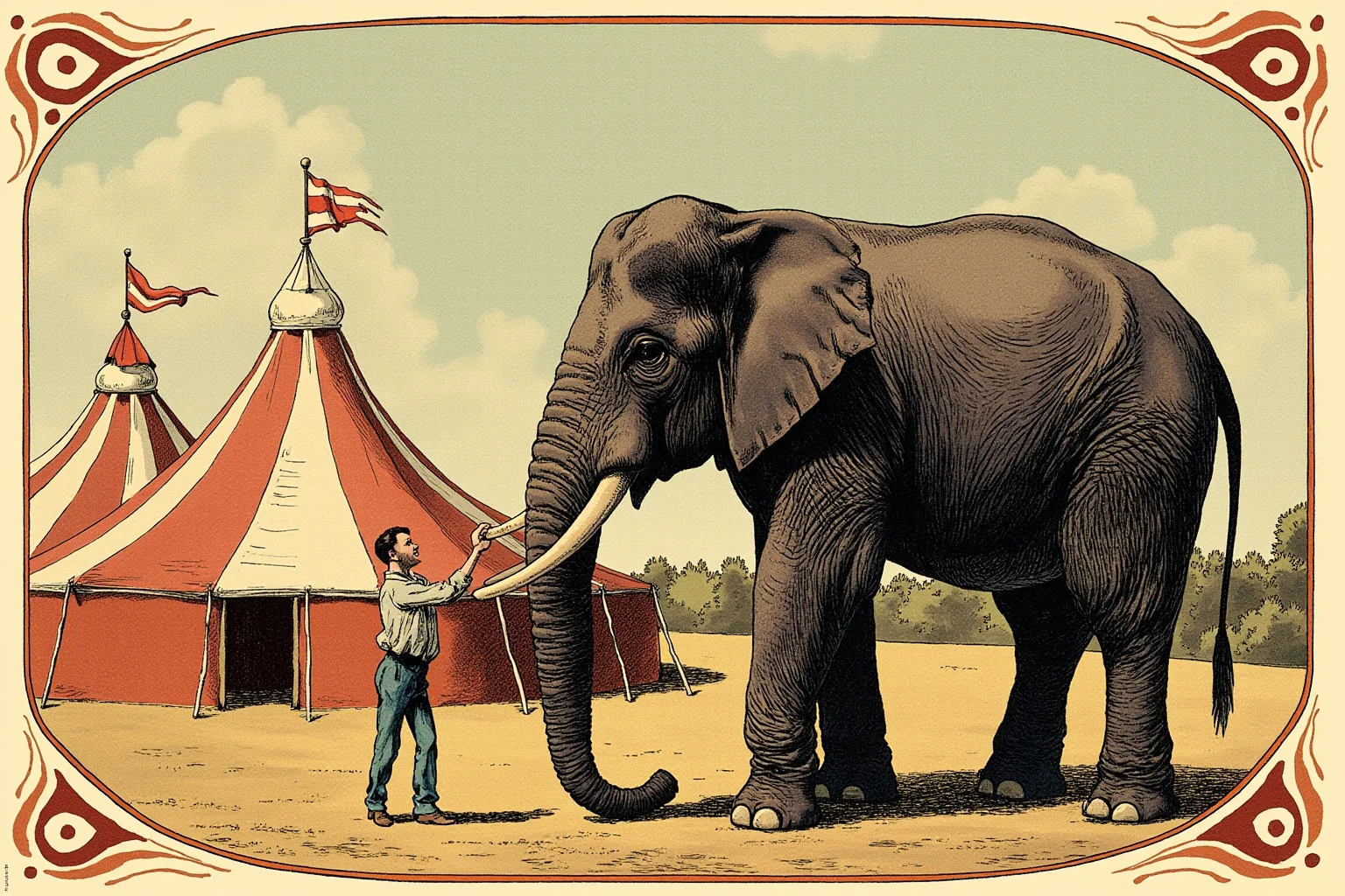 Illustration of a massive circus elephant standing beside a small trainer, big top circus tent in the background, vintage poster style