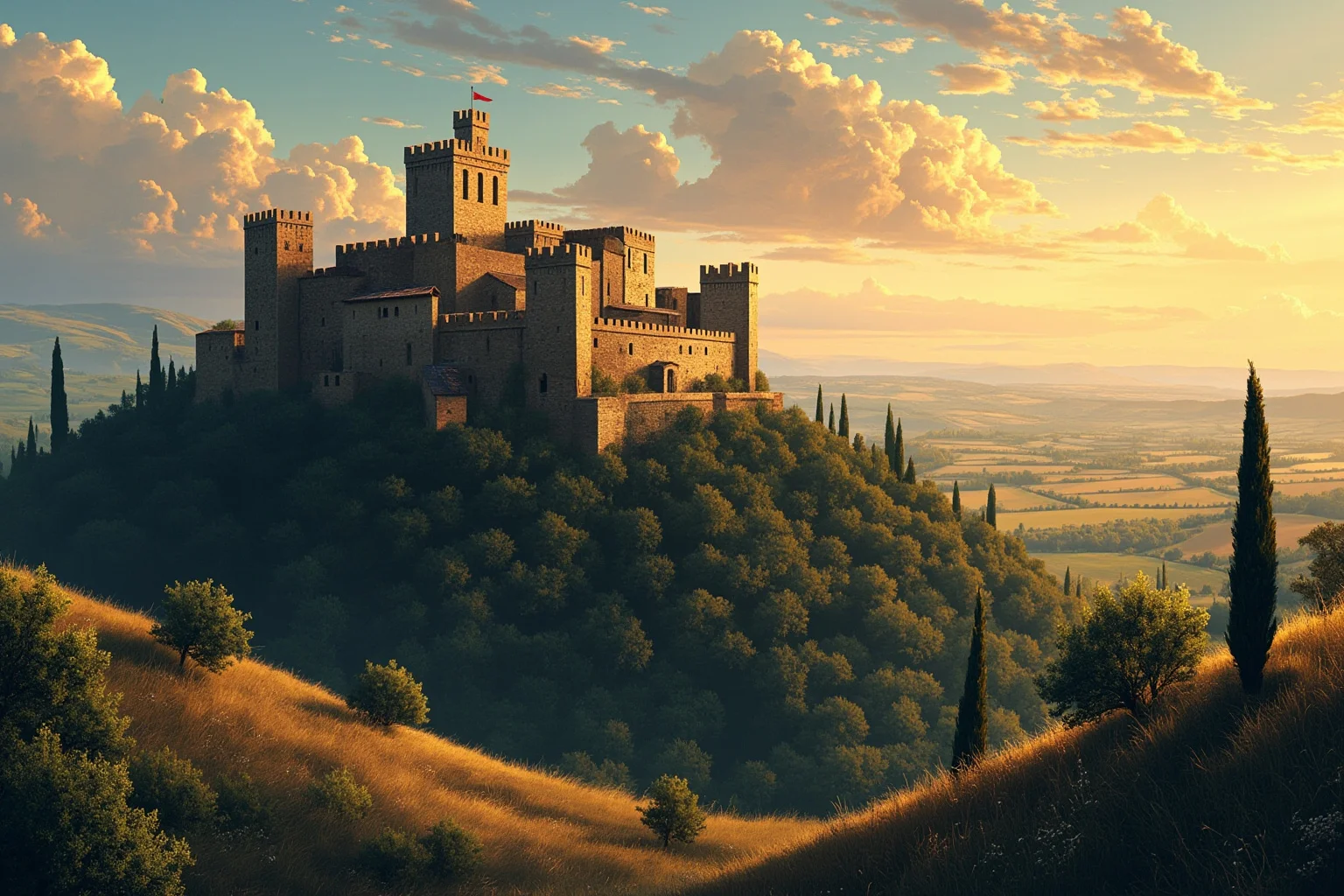 Illustration of a medieval hilltop castle with crenellated towers in the Tuscan countryside near Florence, at dusk