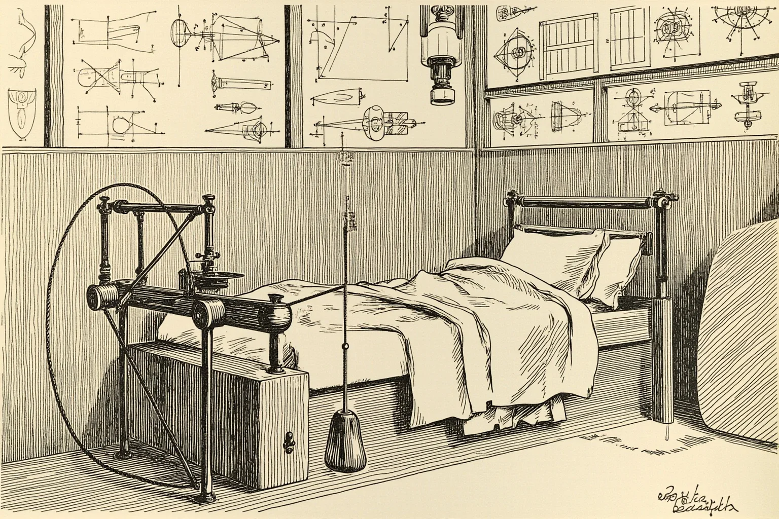 Illustration of a mid-20th-century inventor's workshop with a rope-and-pulley contraption beside a bed, vintage engineering sketches on the wall