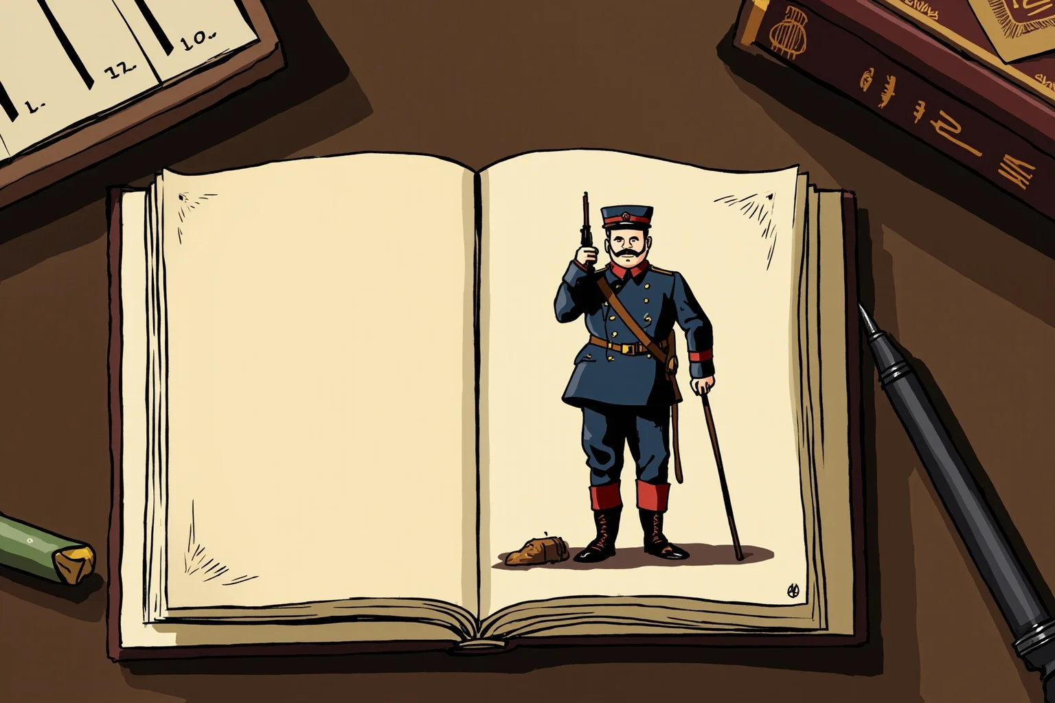 Illustration of a mid-century novel open on a desk with a cartoonish, mustachioed brigadier silhouette, evoking a satirical war novel