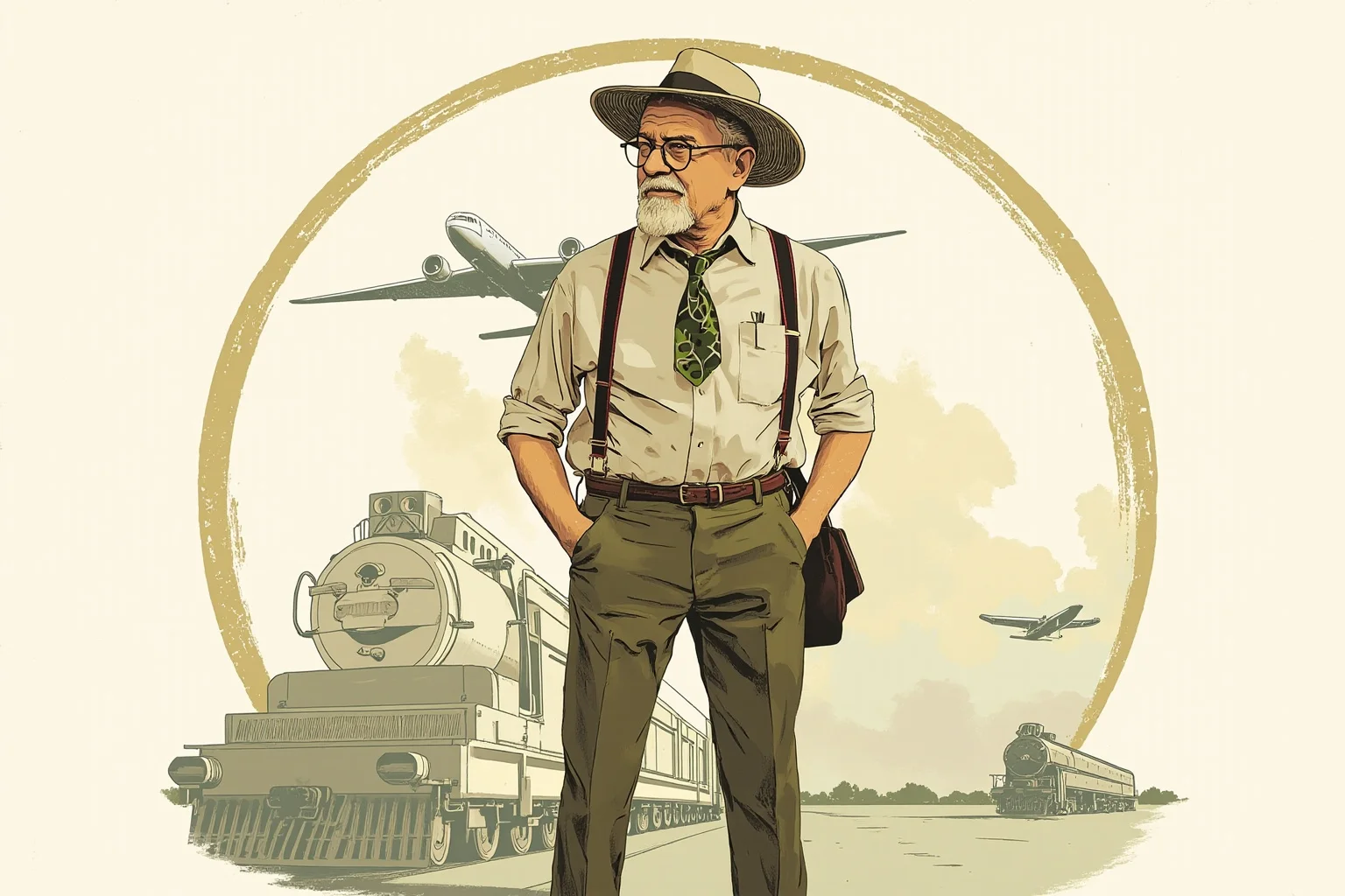 Illustration of a middle-aged man in 1960s clothes with a lucky horseshoe, a train and a plane drawn faintly in the background in sketch style