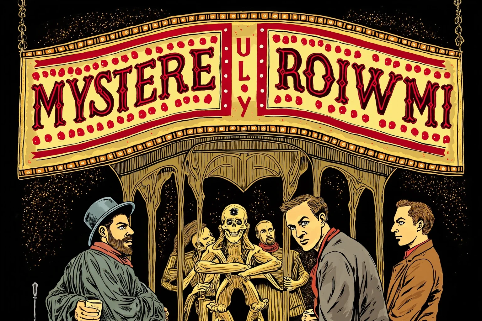 Illustration of a mysterious vintage sideshow banner with bold lettering advertising a strange, undefined curiosity exhibit