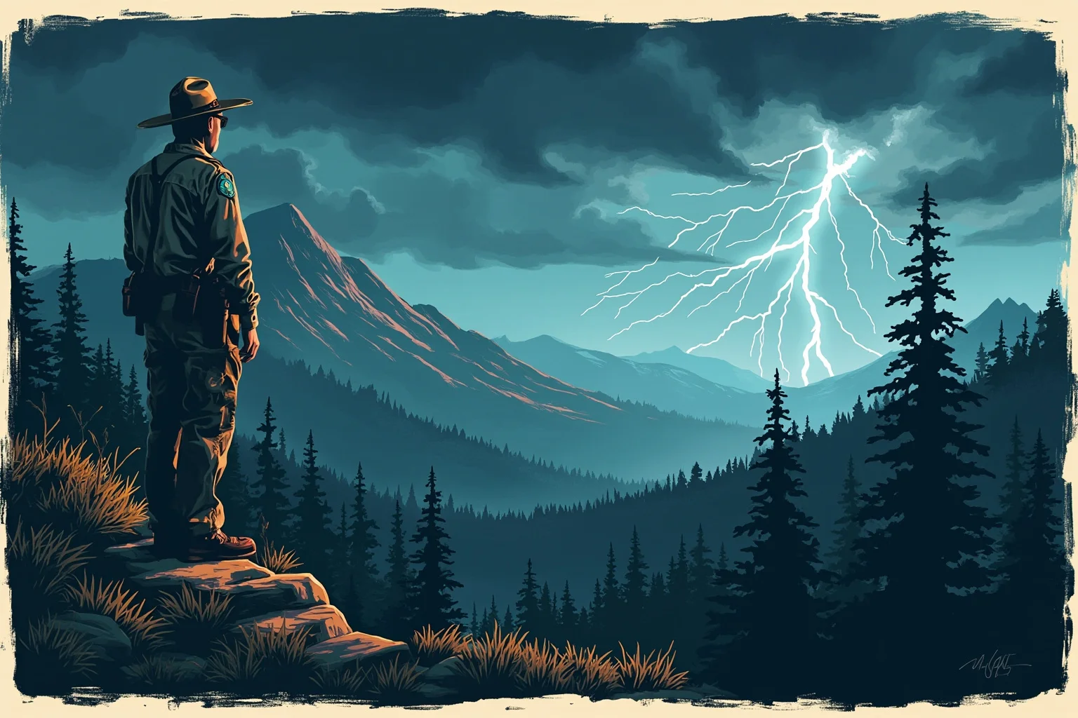 Illustration of a park ranger in a flat-brimmed hat standing on a mountain ridge as lightning strikes nearby, stormy sky