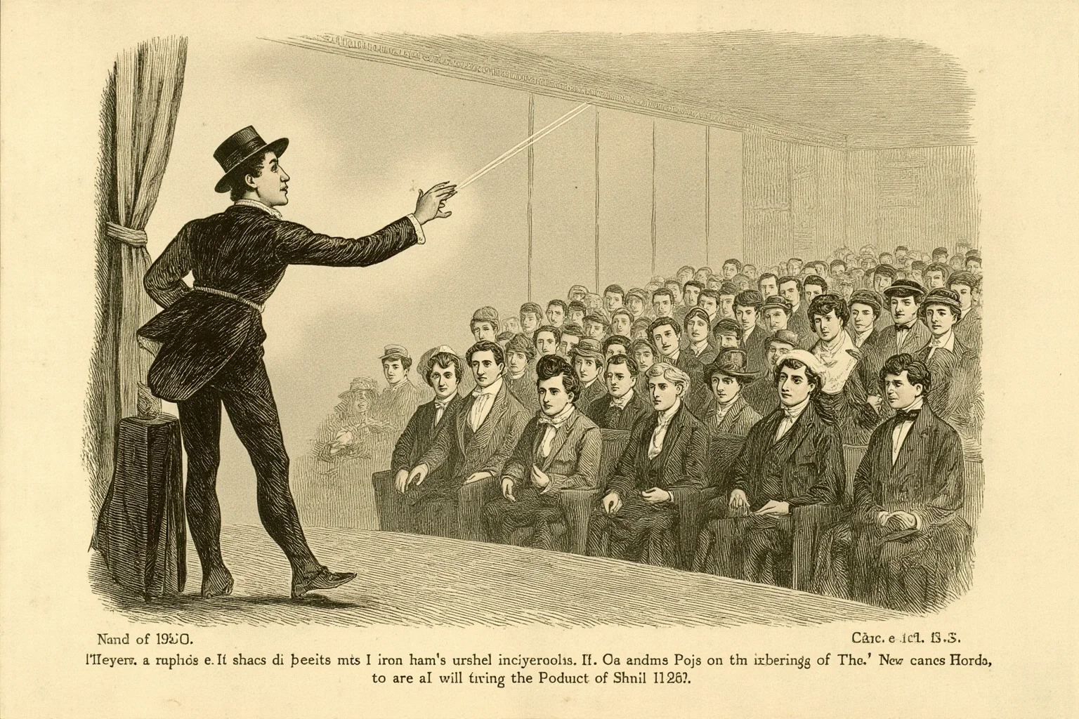 Charles Farrar Browne: America's First Stand-Up Comedian 12 Illustration of a performer projecting his voice to a large hall without a microphone, hand raised for emphasis, 19th-century audience in period clothing, sepia tones