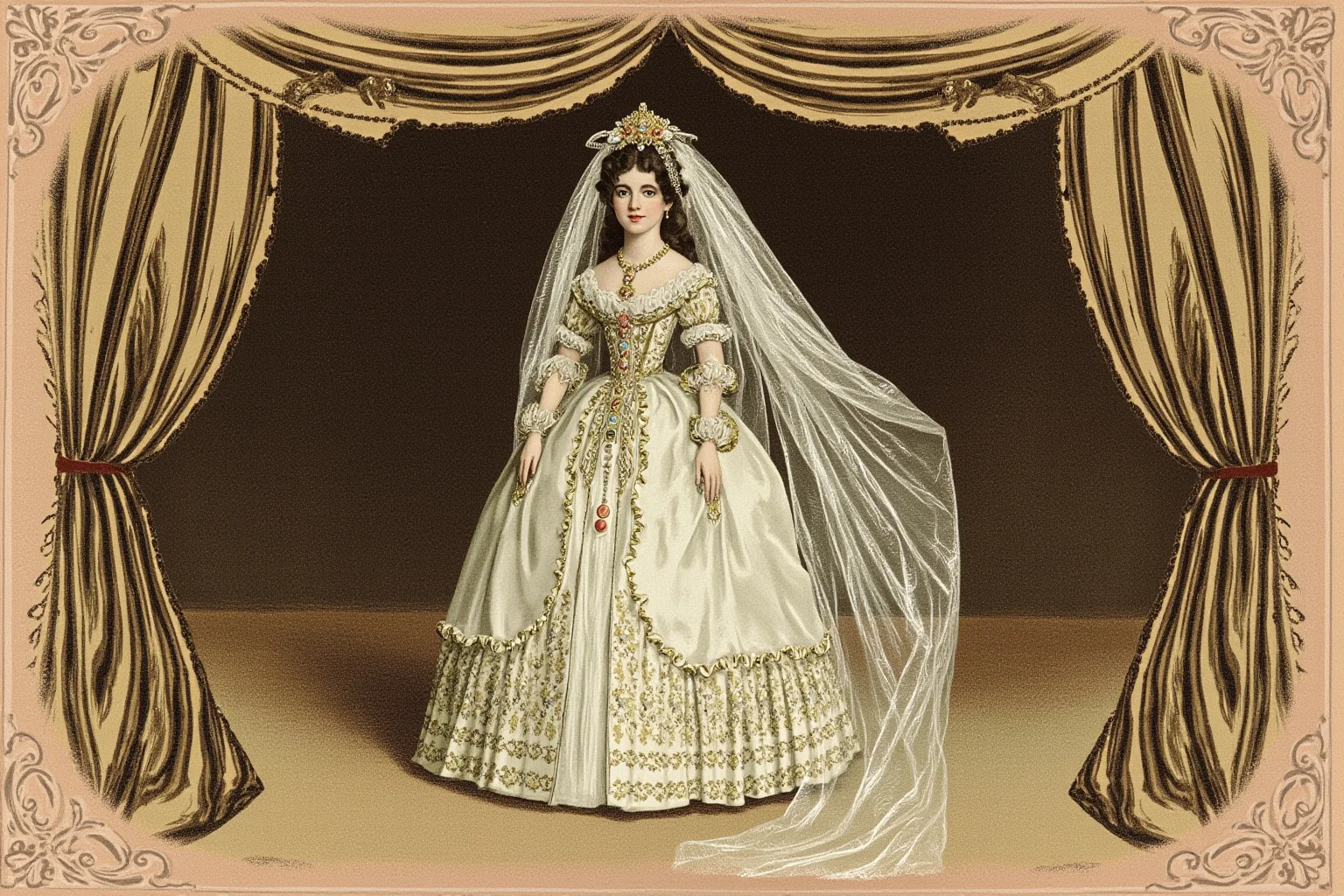 Illustration of a petite Victorian woman performer in an elaborate wedding gown standing on a decorated circus stage
