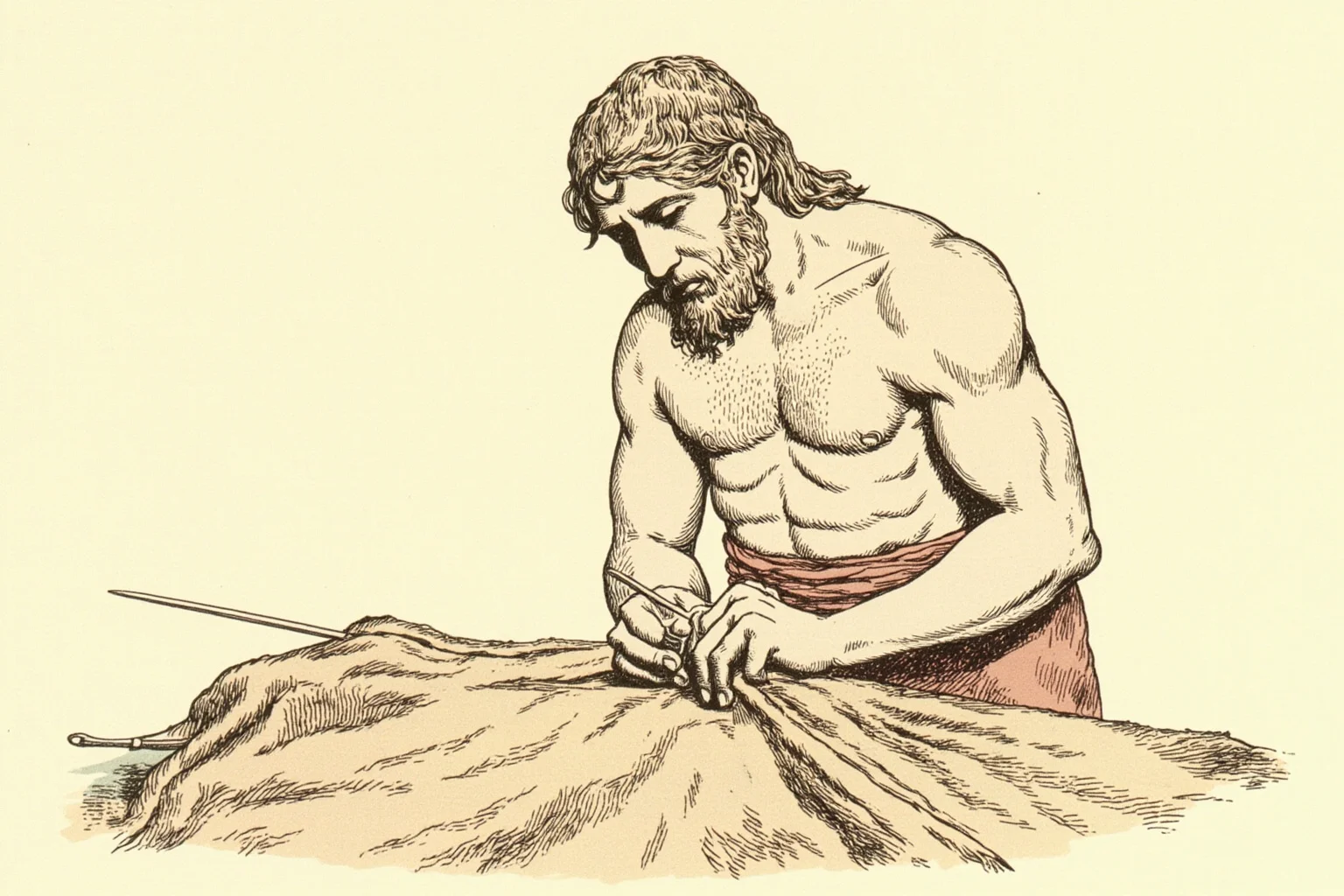 24 Facts About Prehistoric Humans 10 Illustration of a prehistoric person sewing a hide garment with a bone eyed needle and sinew thread.