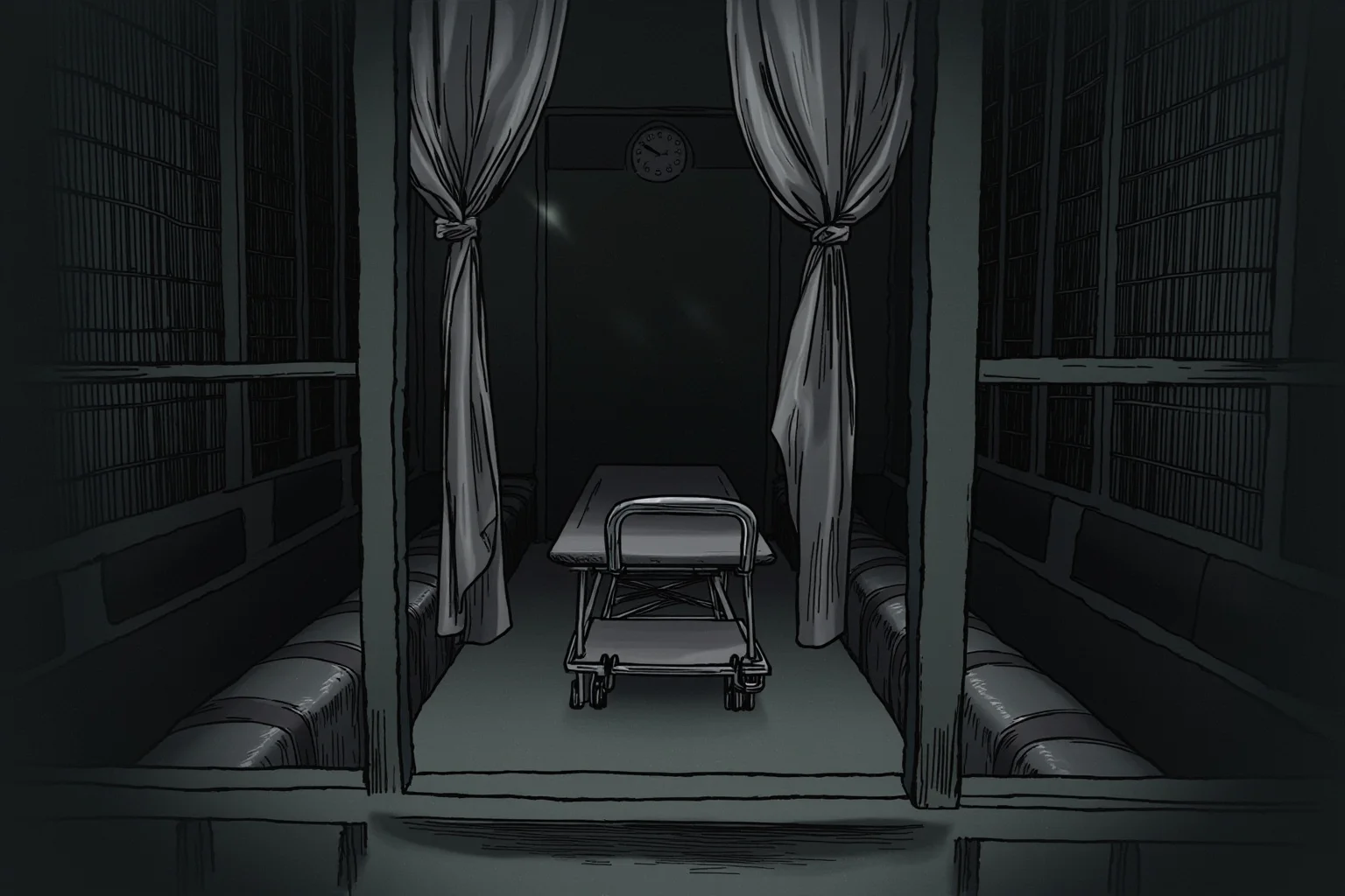 Executions Gone Horribly Wrong: 28 Botched Executions That Shocked History 25 Illustration of a prison execution chamber with a gurney and half-drawn curtains, a wall clock, dim lighting, tense atmosphere.