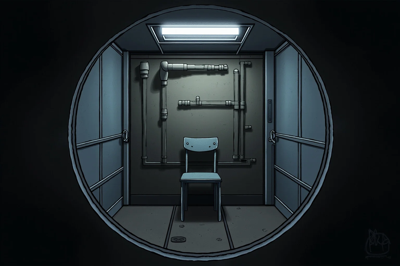 Executions Gone Horribly Wrong: 28 Botched Executions That Shocked History 22 Illustration of a prison gas chamber interior seen through thick glass, pipes and valves on the wall, harsh overhead light, empty chair.