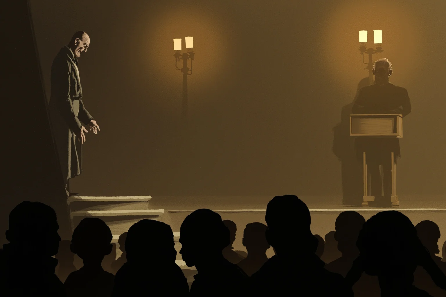 Charles Farrar Browne: America's First Stand-Up Comedian 3 Illustration of a quiet, pale man in formal 1860s clothing standing alone behind a wooden lectern on a simple lecture stage, audience silhouettes in the foreground, warm gaslight