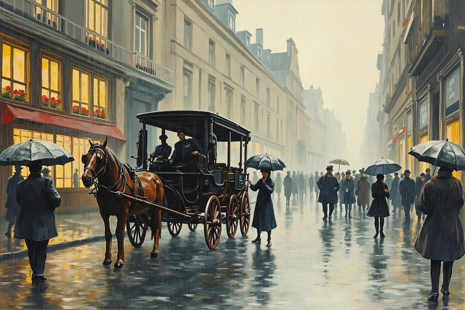 Illustration of a rainy 1900s Paris street with a horse-drawn wagon and umbrella-carrying pedestrians, impressionist style