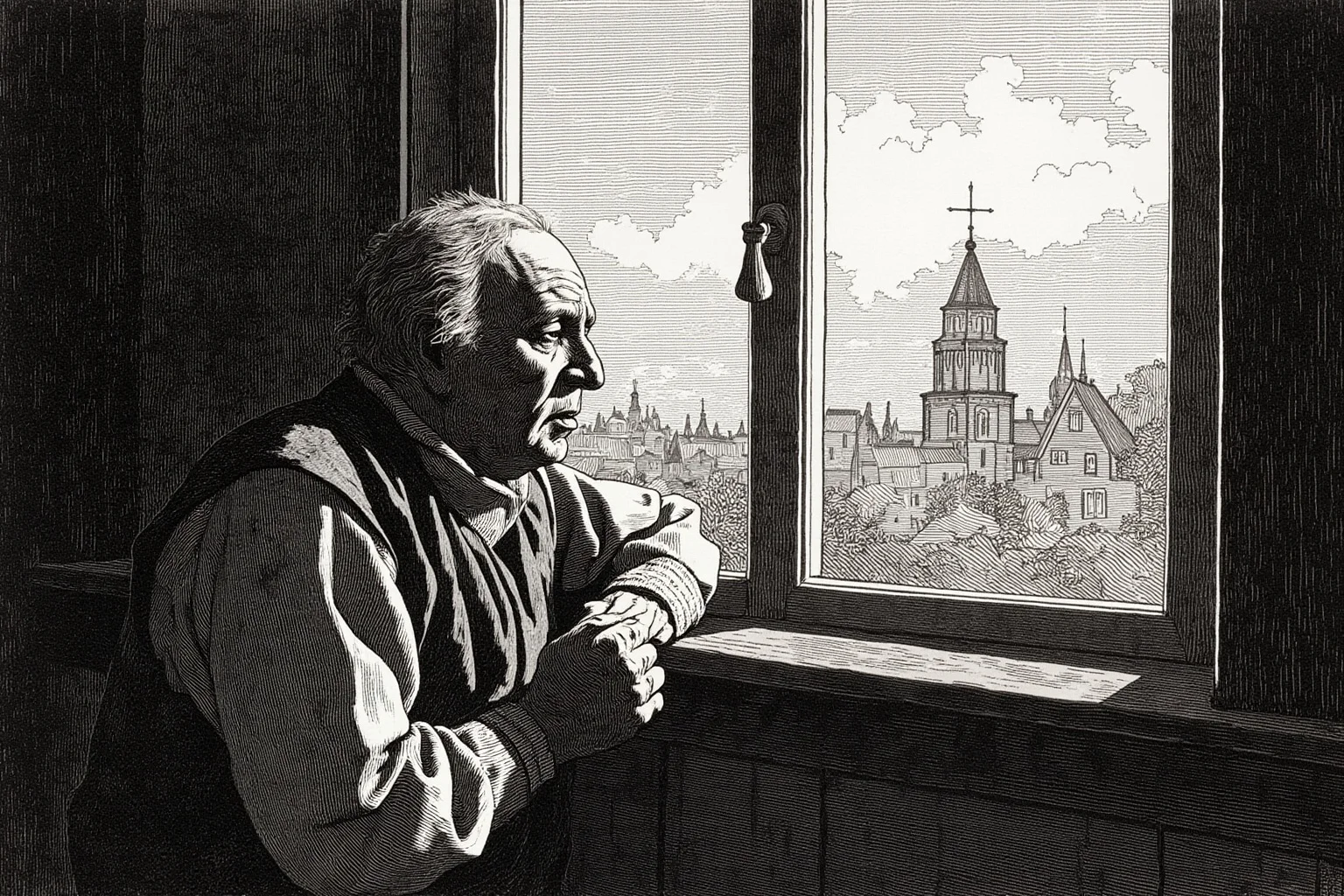 Illustration of a retired 17th-century singer in simple clothes looking out a window in a quiet room, a convent bell tower in the distance, melancholy mood