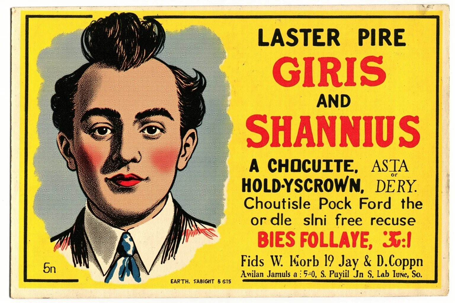 Illustration of a sideshow performer with distinctive facial hair styled dramatically, featured on a vintage circus advertising card