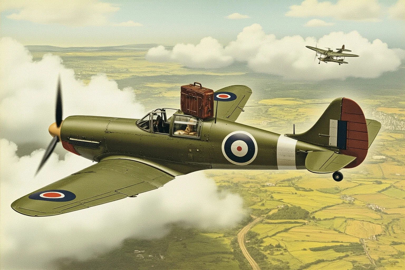 Illustration of a small military aircraft flying over the Italian countryside toward Lisbon in 1943, with a diplomat's briefcase on the seat