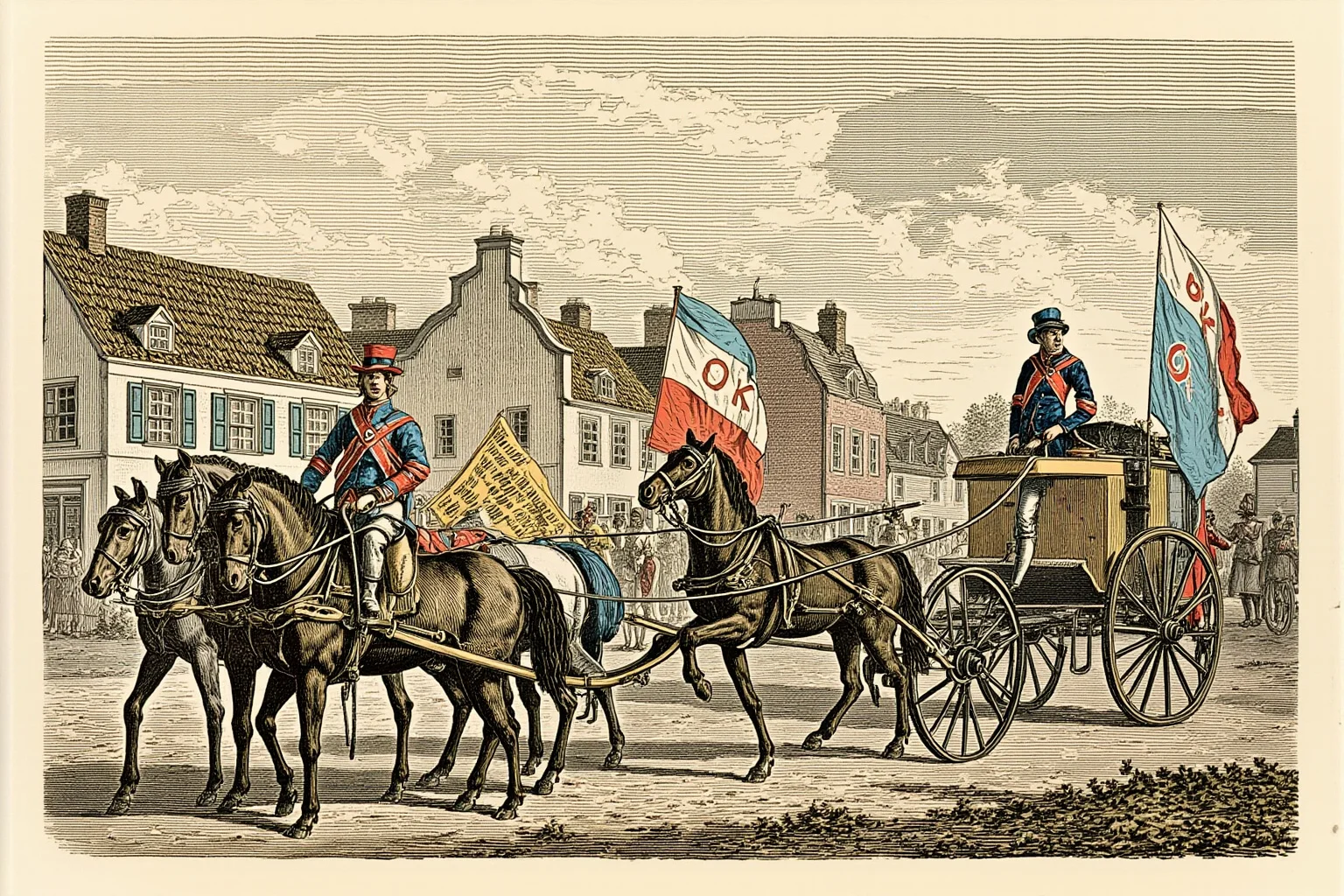 Illustration of a small-town 1830s political campaign scene with banners reading 'OK' and a coach decorated in Dutch-style red-white-blue colors, vintage woodcut look