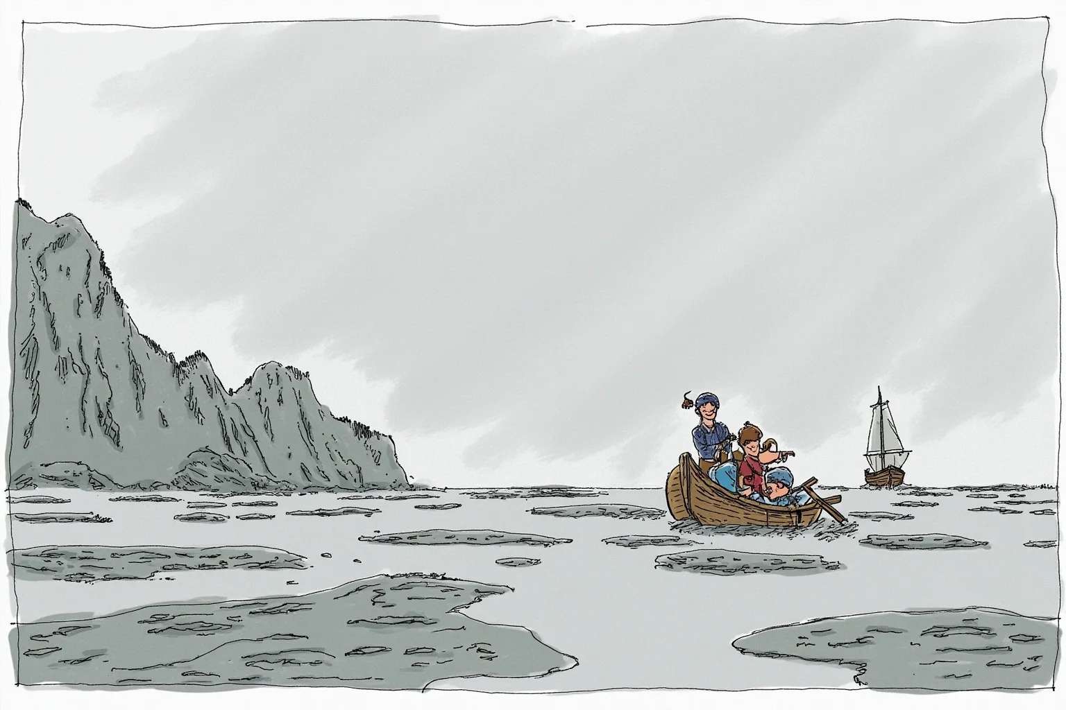 Illustration of a small wooden boat adrift on a gray icy bay with figures huddled inside, a distant wooden ship sailing away