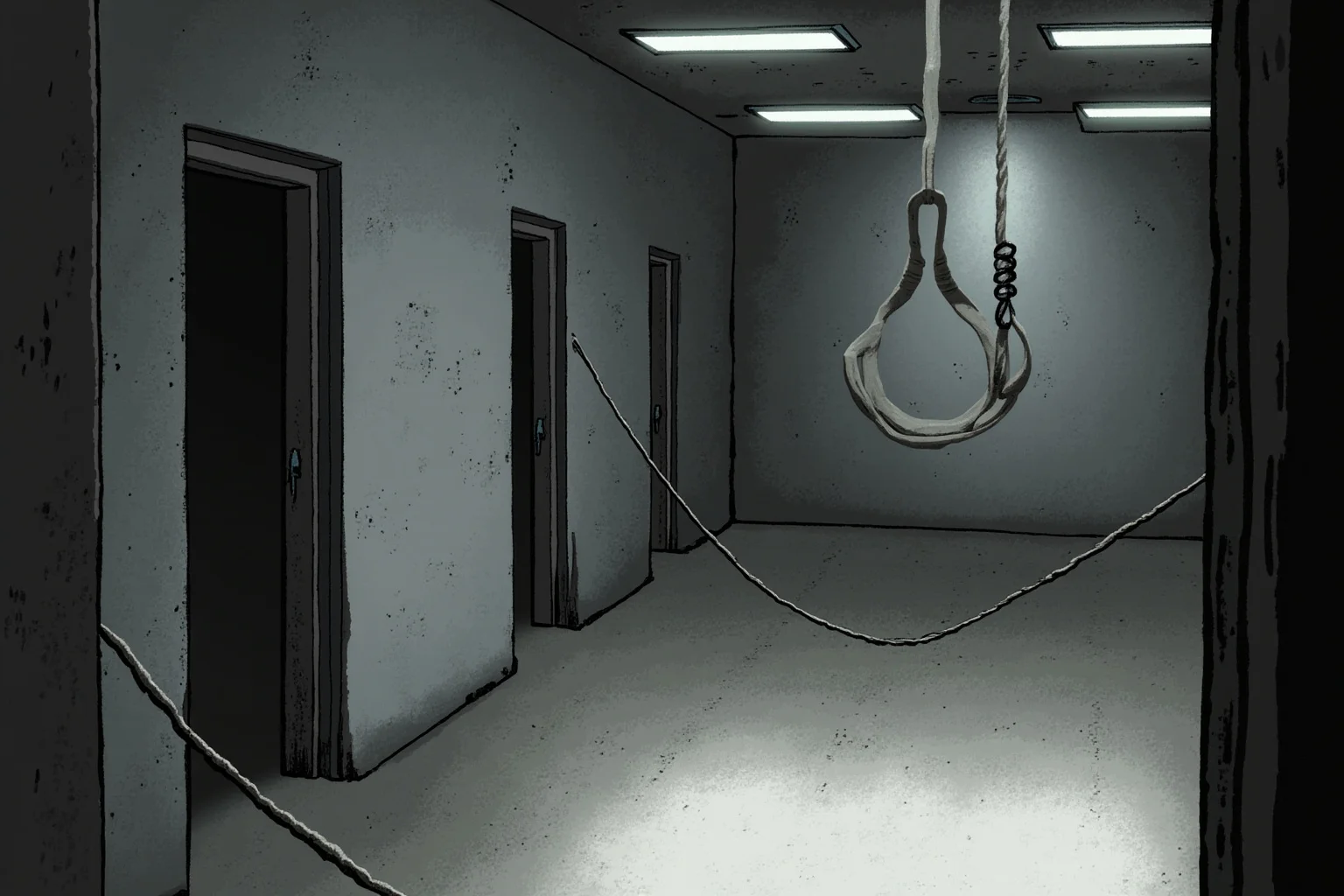 Executions Gone Horribly Wrong: 28 Botched Executions That Shocked History 15 Illustration of a stark Baghdad execution chamber with a heavy rope and bare concrete walls, fluorescent light, sombre tone, no figures.