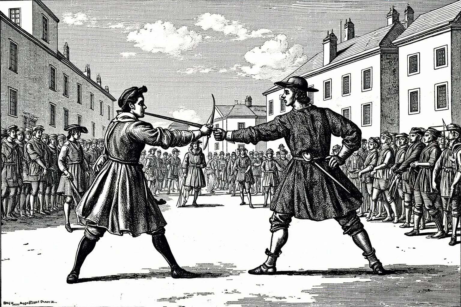 Illustration of a street fencing exhibition in a 17th-century French town square, a swordswoman in men's clothing facing a male opponent while a crowd watches
