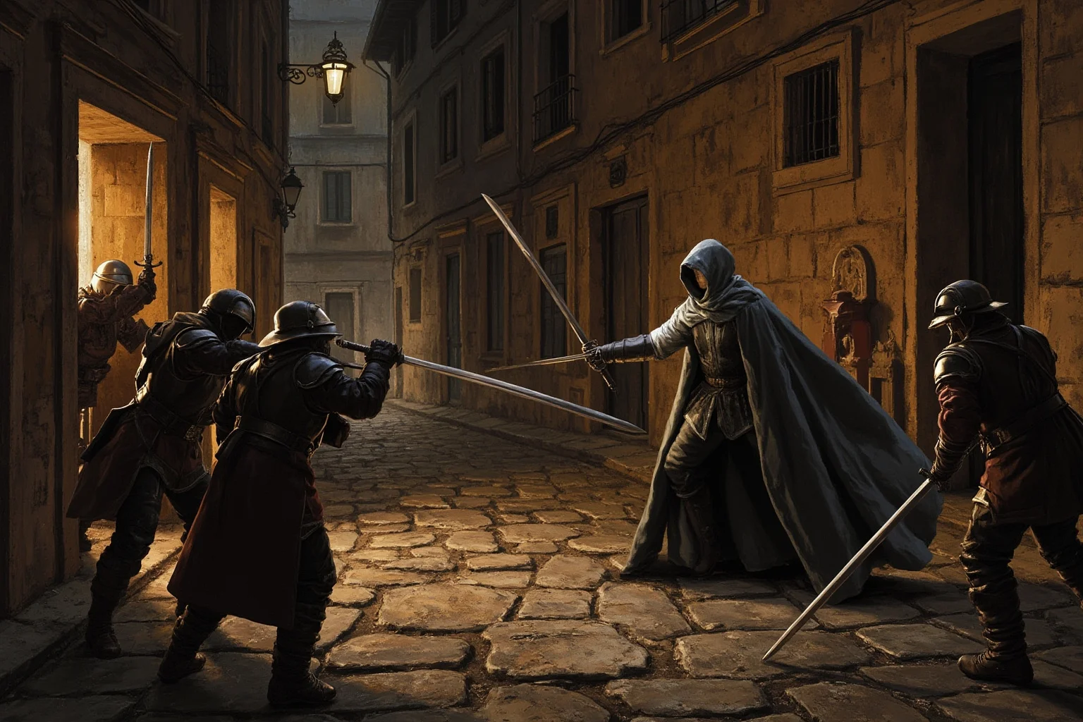 Illustration of a swordfight at night on a cobblestone street in Aix-en-Provence, a cloaked fencer facing three opponents, dramatic baroque lighting