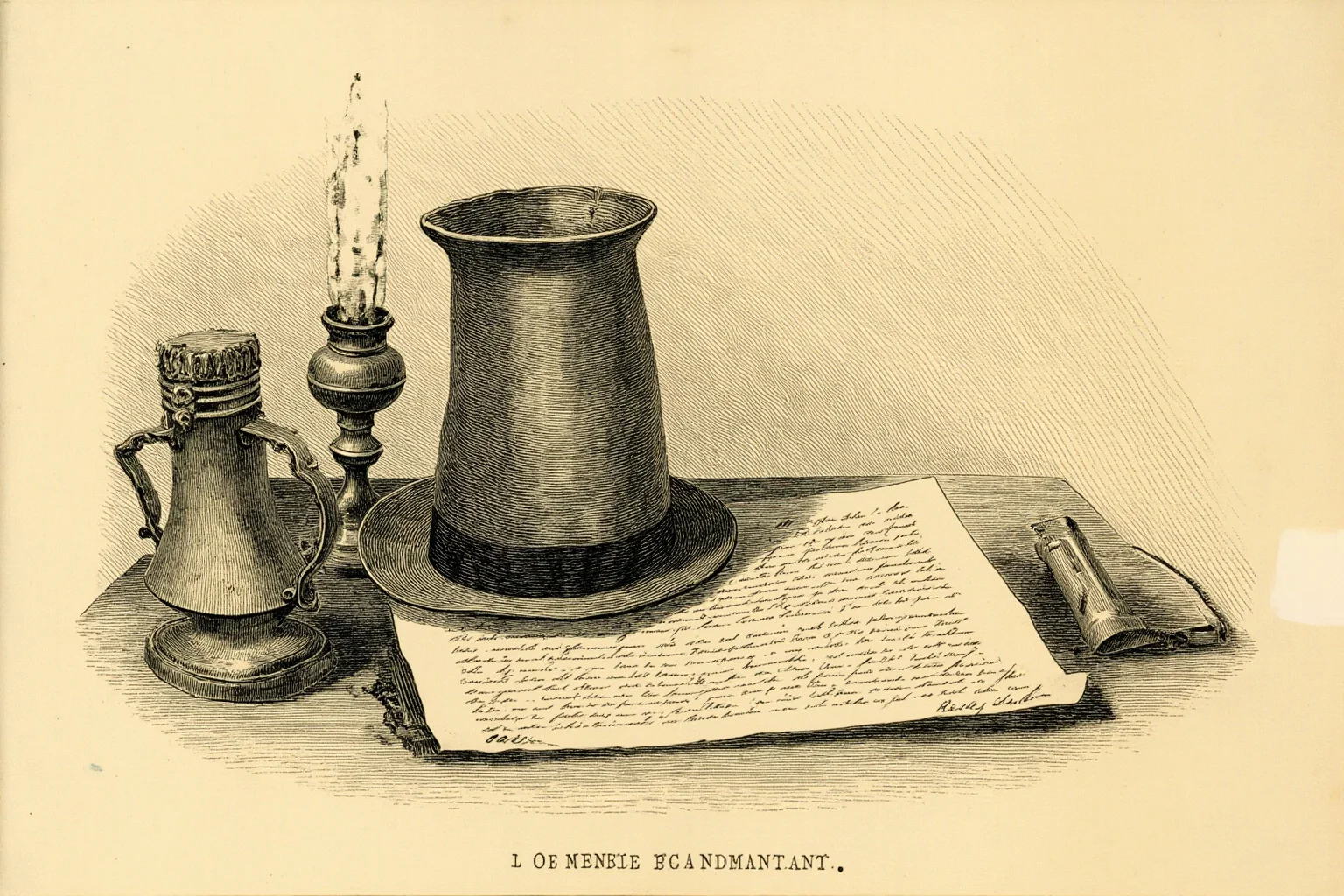 Illustration of a tall stovepipe hat resting on a desk beside a handwritten proclamation and an oil lamp, Civil War-era study in muted sepia tones