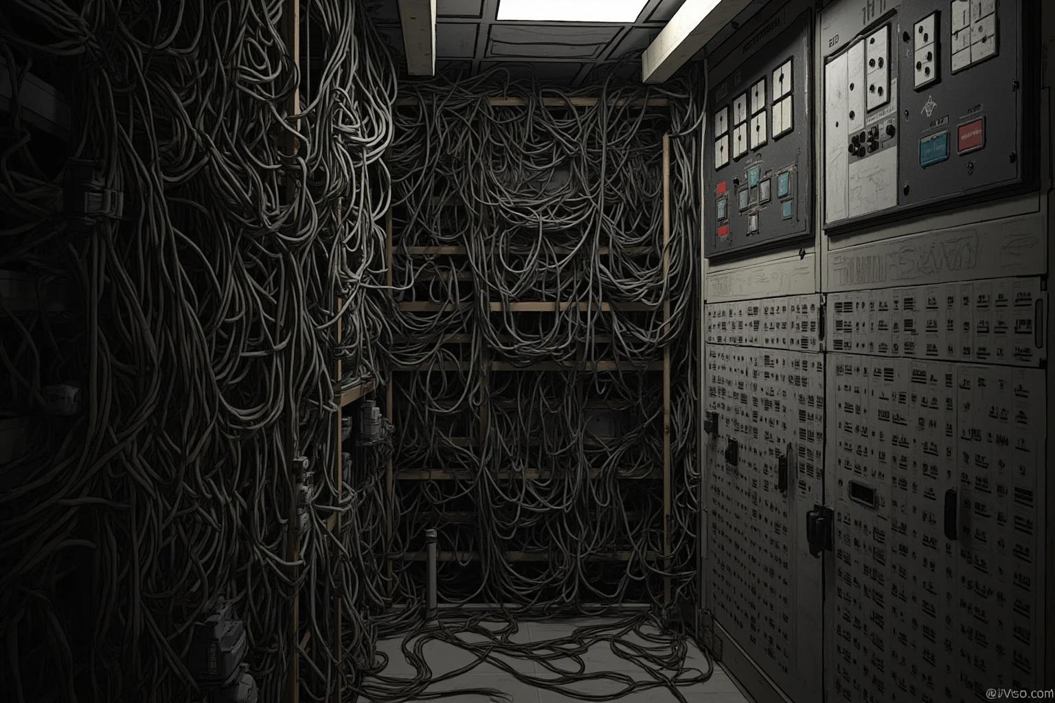 Executions Gone Horribly Wrong: 28 Botched Executions That Shocked History 19 Illustration of a tangled bundle of electrical cables and a control panel with dials in a prison utility room, harsh overhead light, documentary style.