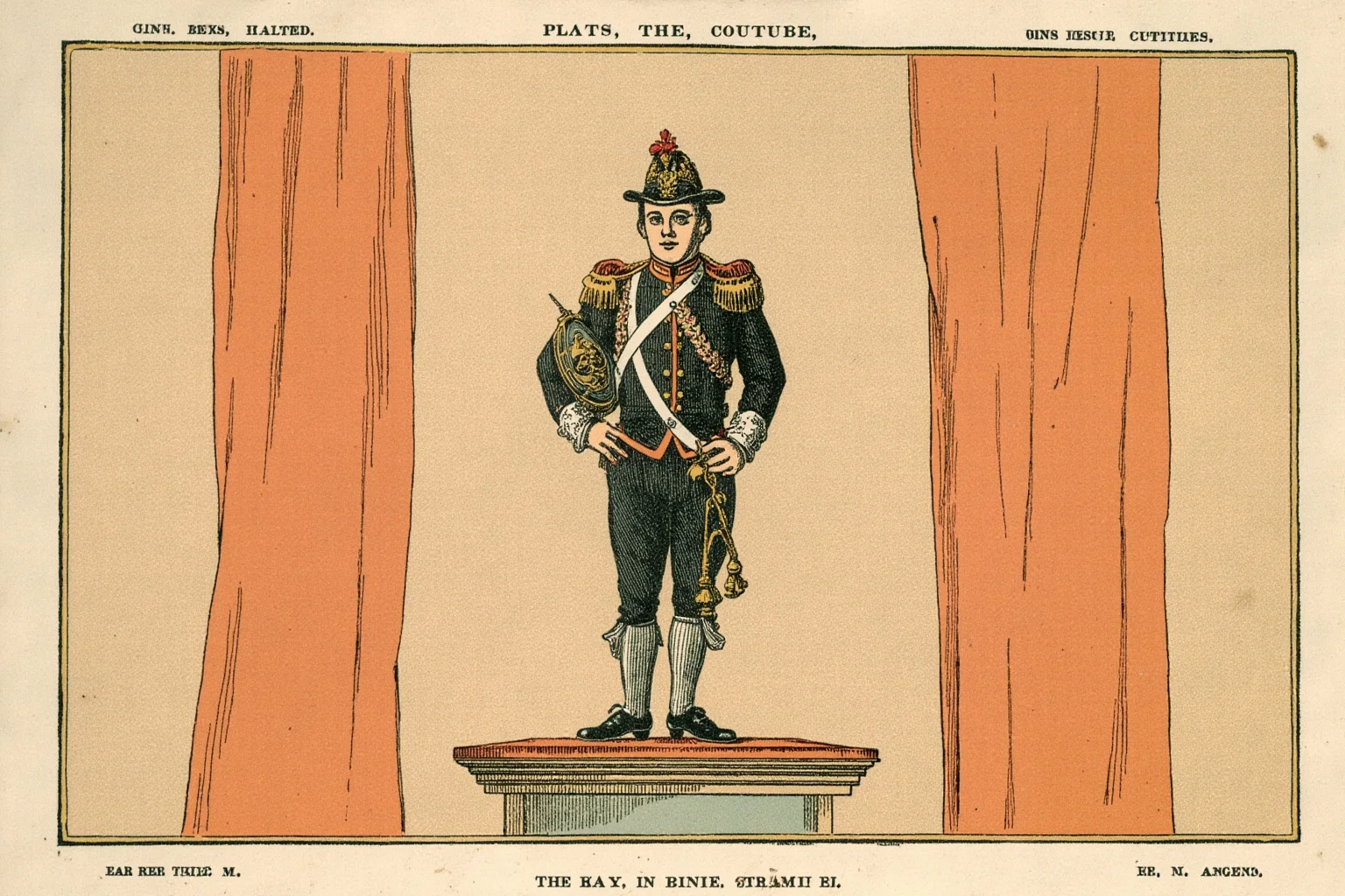Illustration of a tiny performer in an ornate miniature military-style costume standing confidently on a small stage, Victorian circus poster style