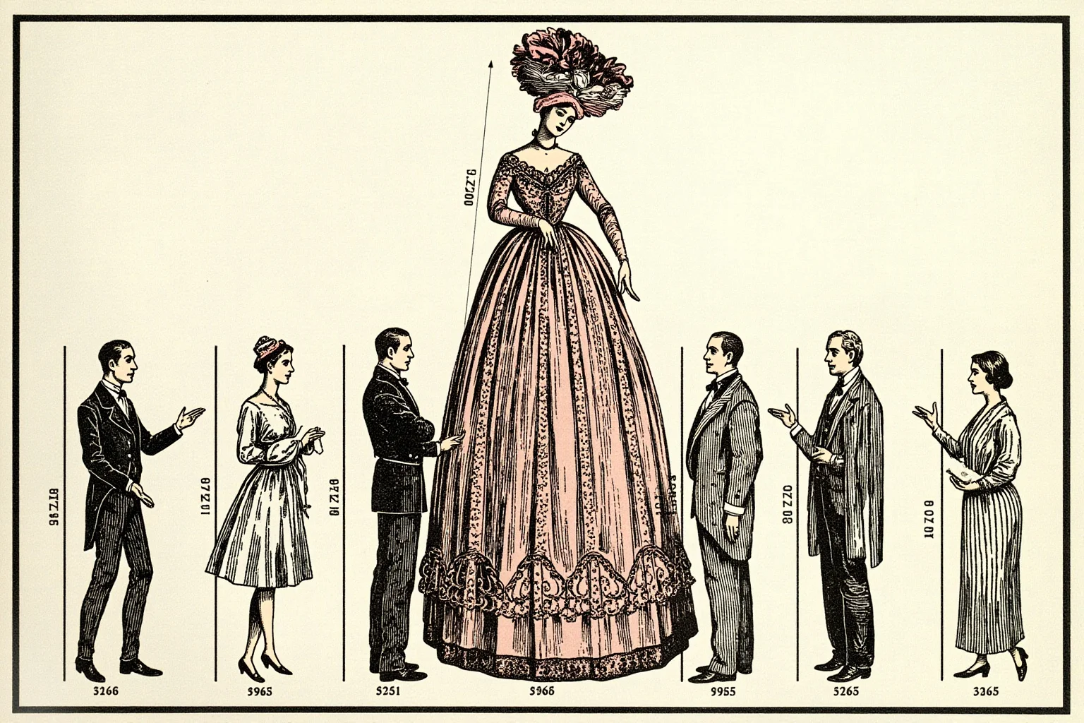 Illustration of a very tall Victorian woman in an elegant gown standing among ordinary-sized people for scale, sideshow banner art style