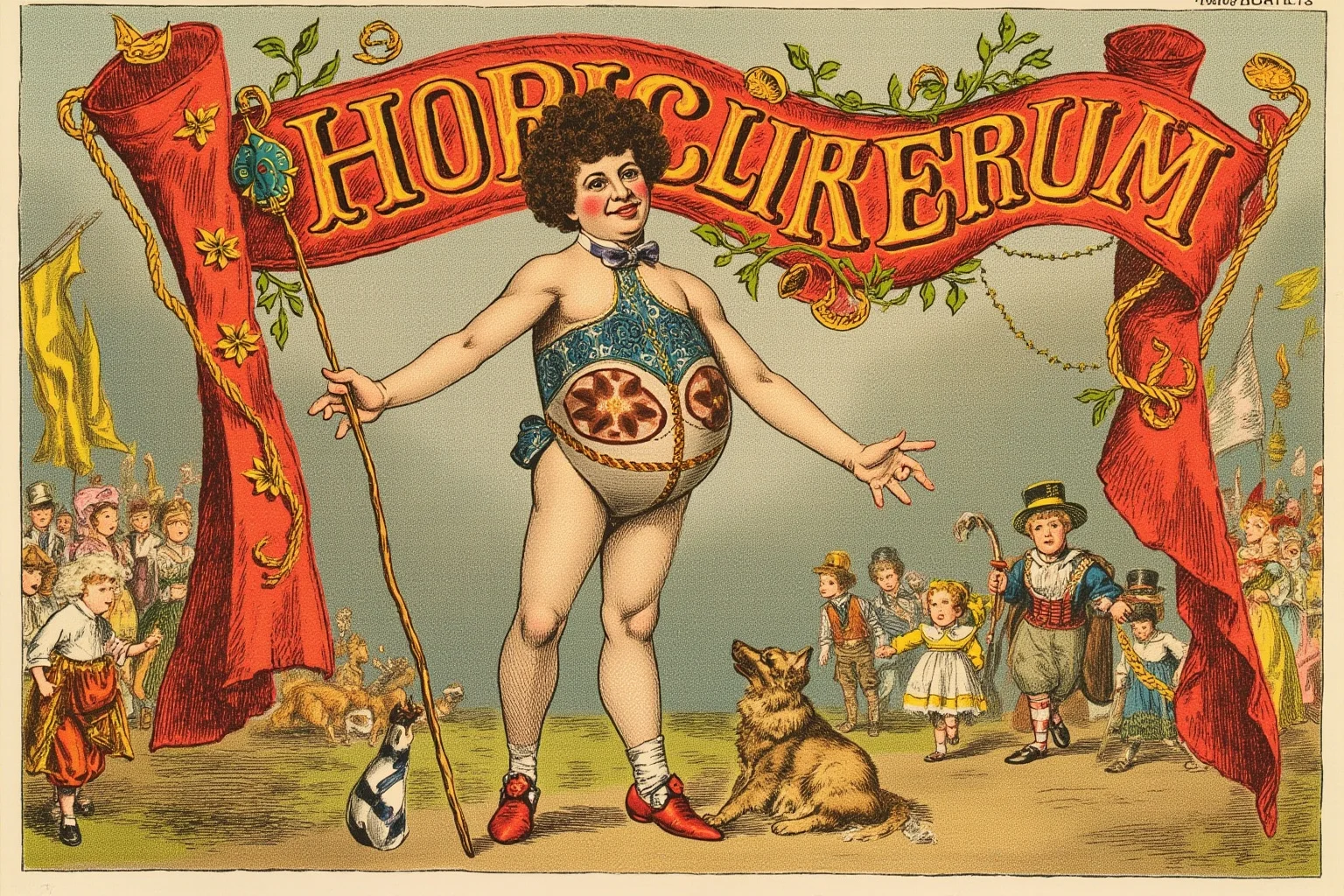 Illustration of a very thin sideshow performer standing beside a colorful vintage circus banner, Victorian poster style