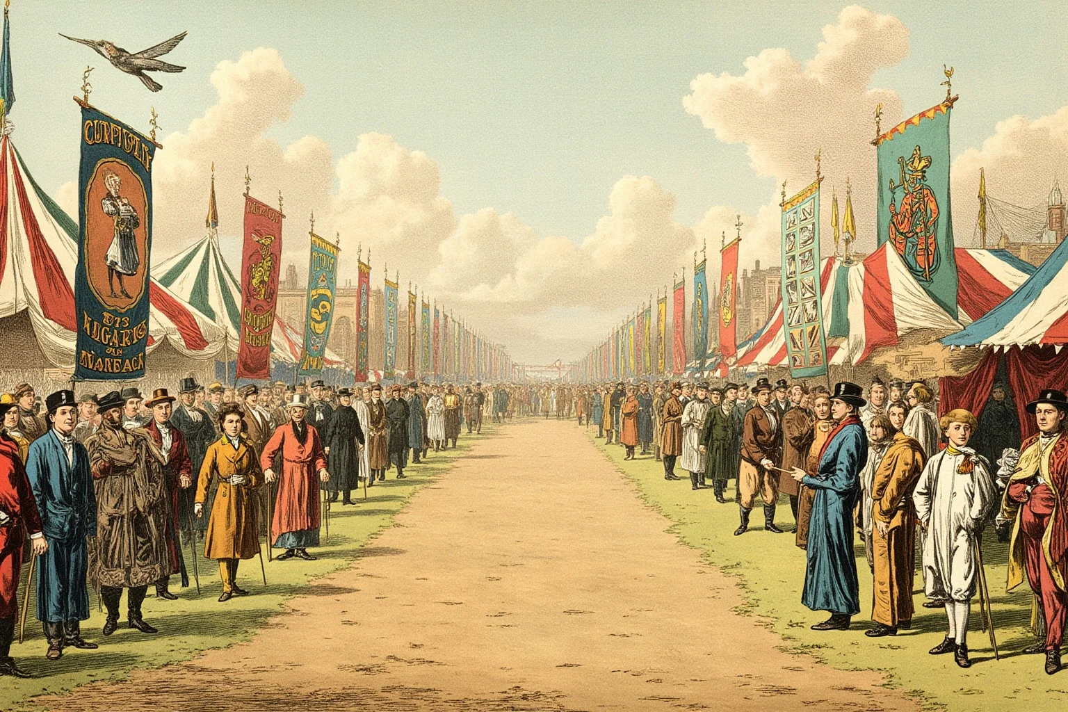 Illustration of a Victorian circus midway lined with colorful curiosity banners and tents, wide establishing shot