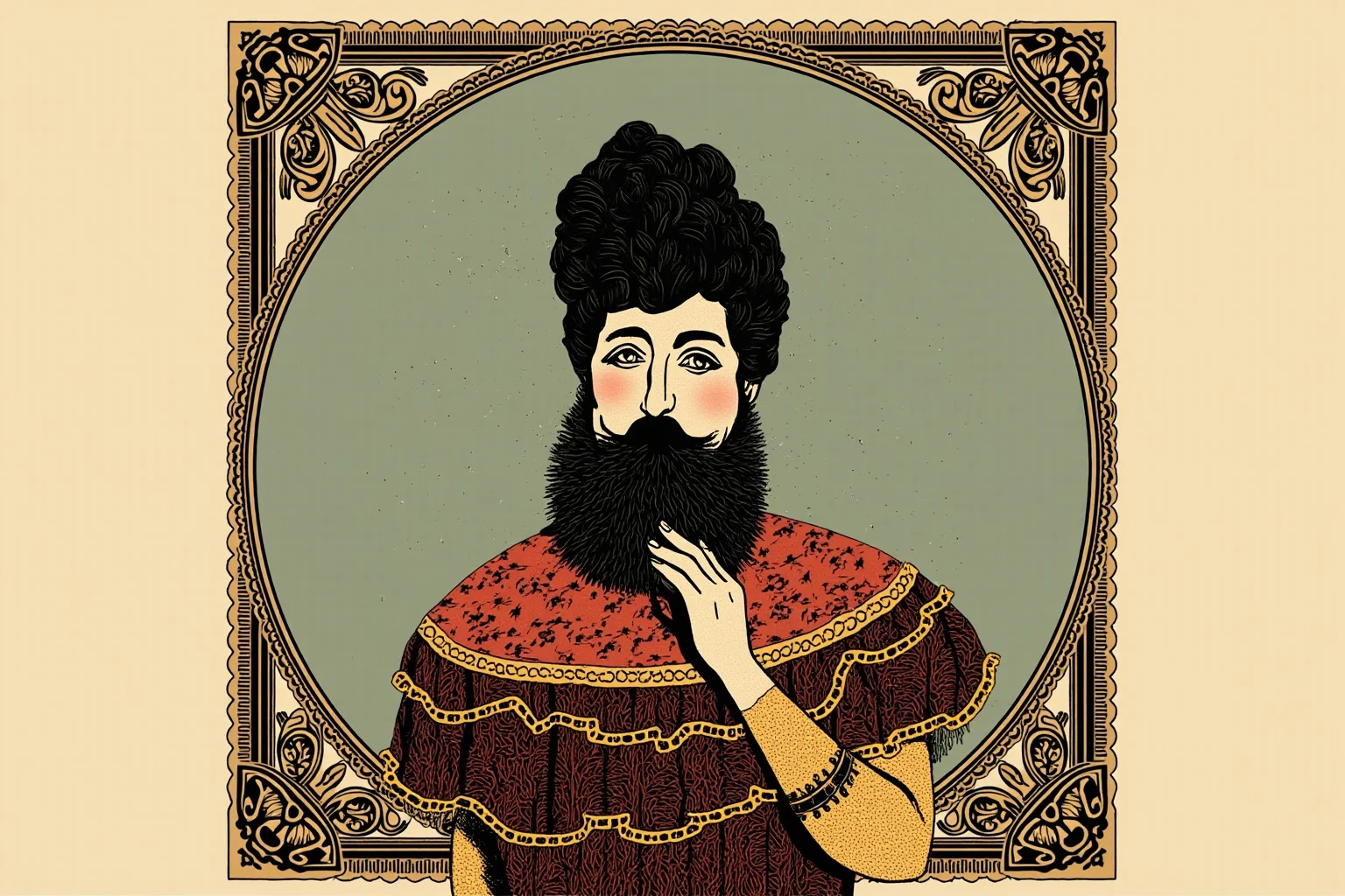 Illustration of a Victorian-era woman performer with a full beard wearing an elegant dress, vintage sideshow banner art style