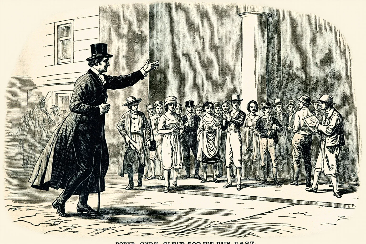 Illustration of a Victorian showman in a top hat gesturing toward a curious crowd outside a grand museum entrance