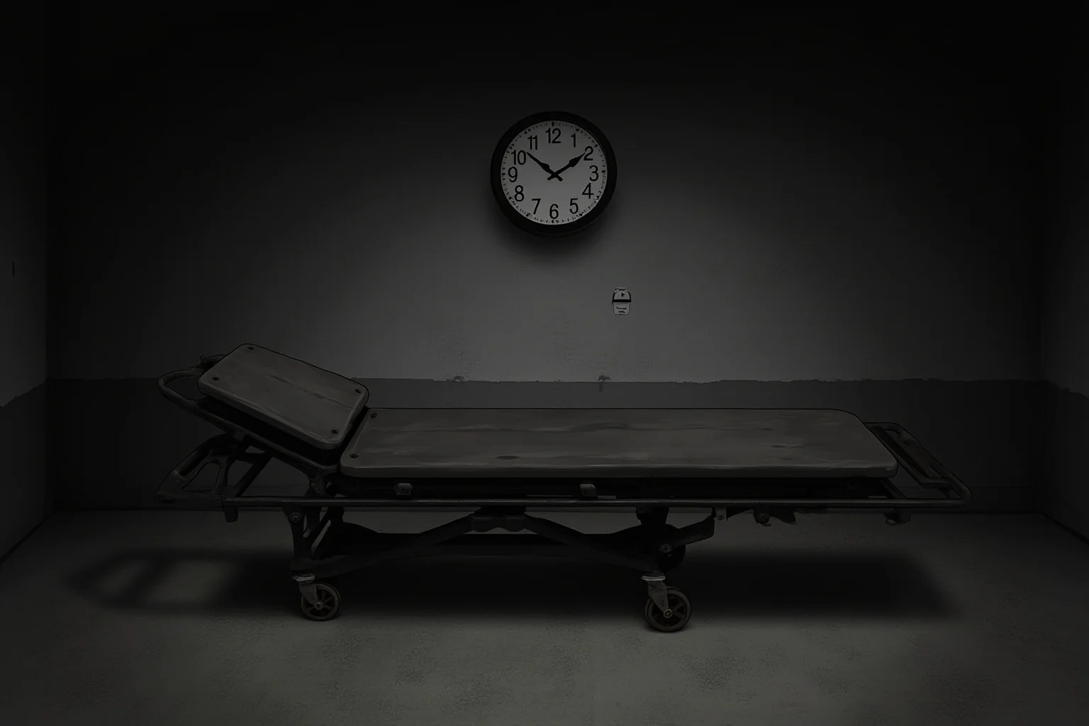 Executions Gone Horribly Wrong: 28 Botched Executions That Shocked History 26 Illustration of a wall clock and a gurney in a stark execution room, long shadows, quiet and grim tone, no figures.