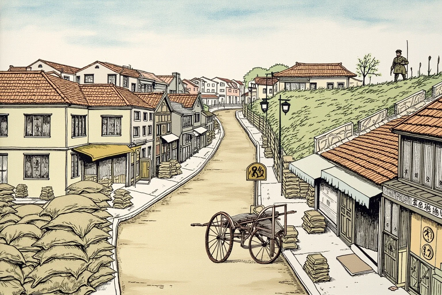 Illustration of a wartime Chongqing street scene with sandbagged buildings, rickshaws, and a British officer standing on a hillside
