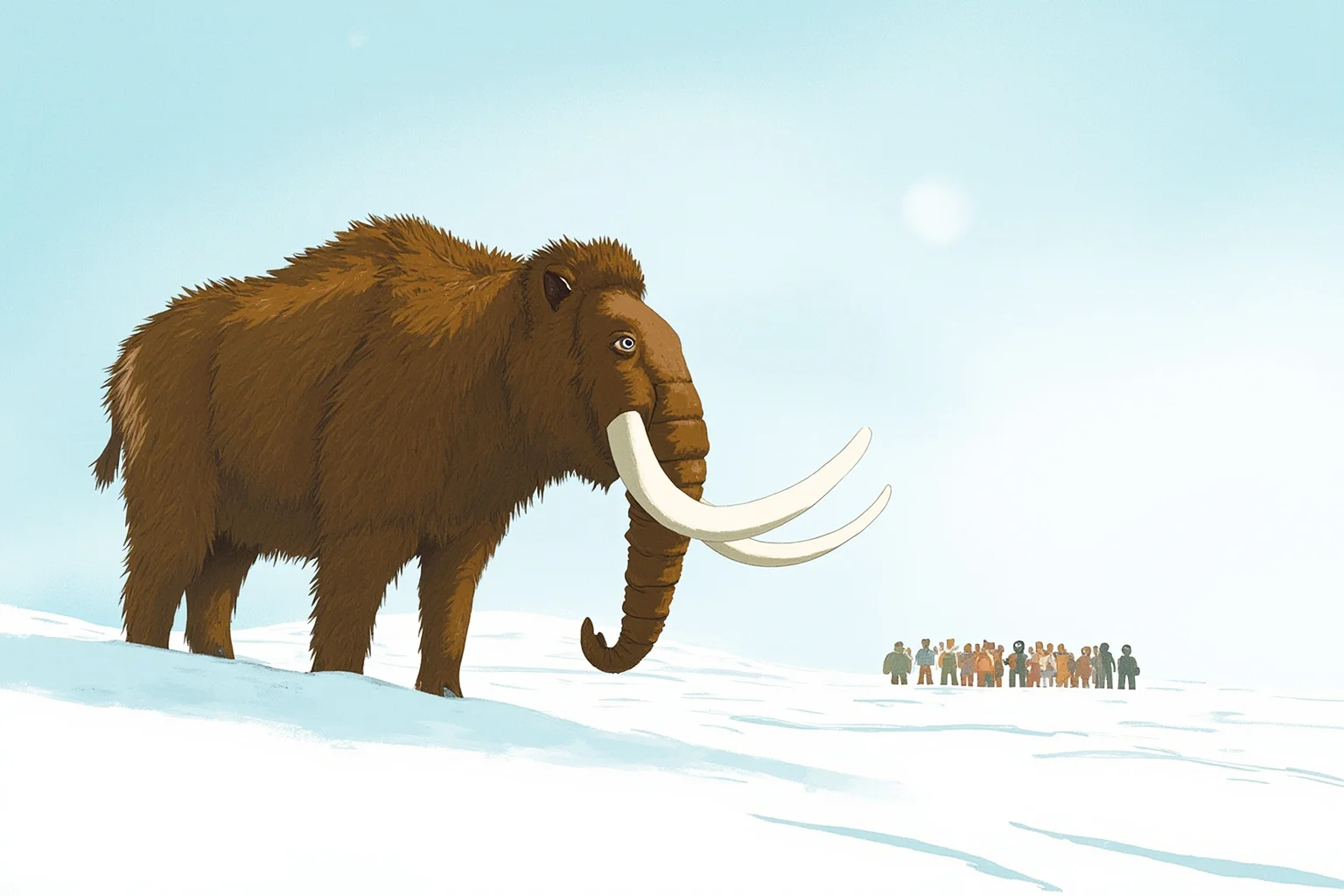 Illustration of a wary woolly mammoth facing a distant group of humans across a snowy plain, keeping its distance.