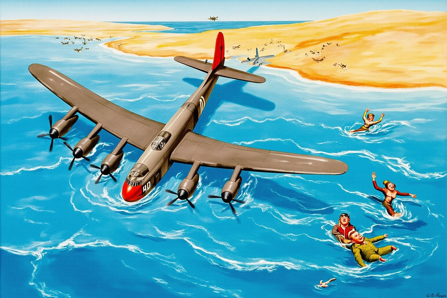 Illustration of a Wellington bomber crashing into the Mediterranean off a North African coast, with survivors swimming toward the shore