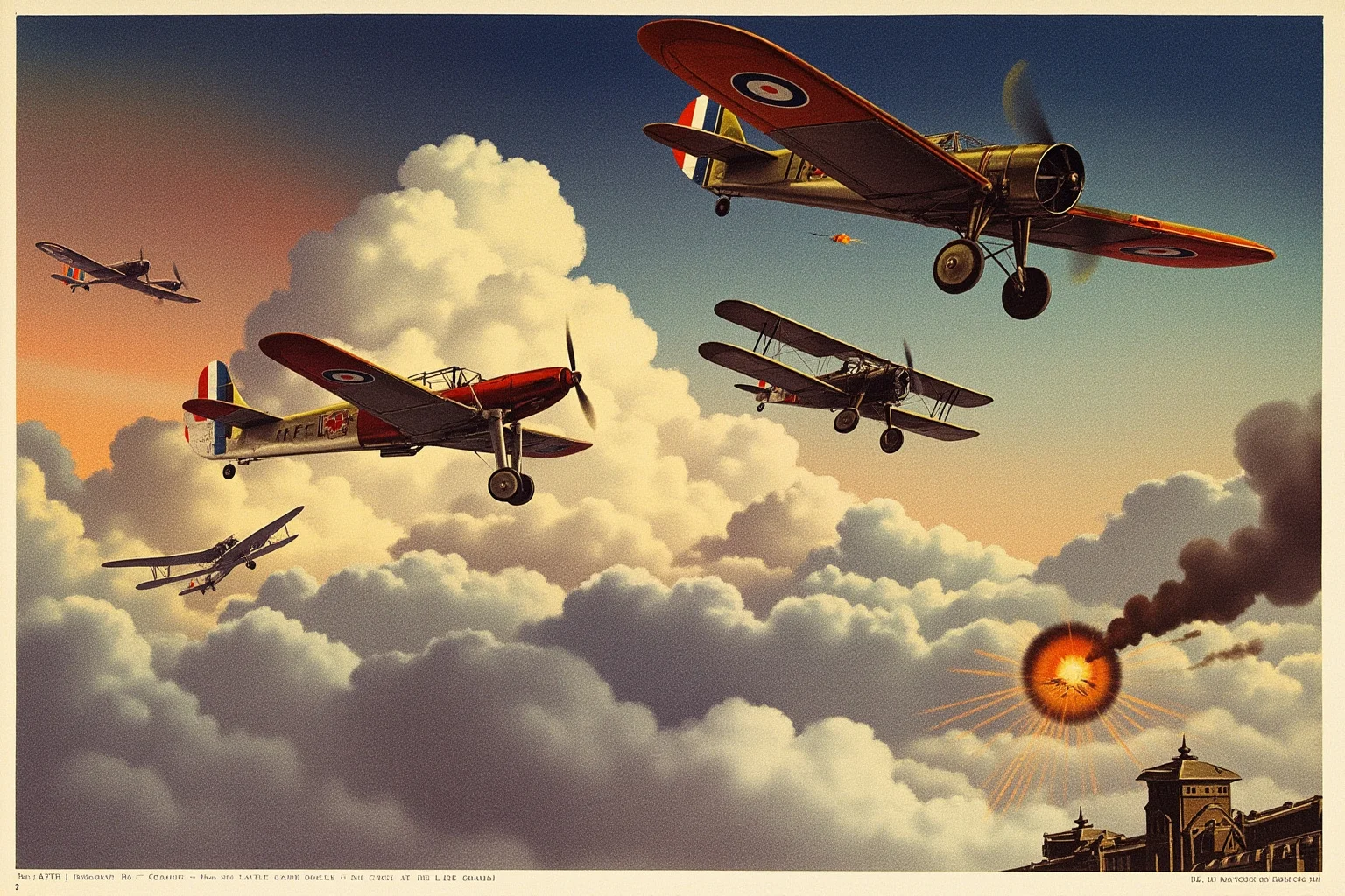 Illustration of a World War I biplane dogfight over clouds, in the style of a 1920s silent film poster, dramatic composition, no real people depicted