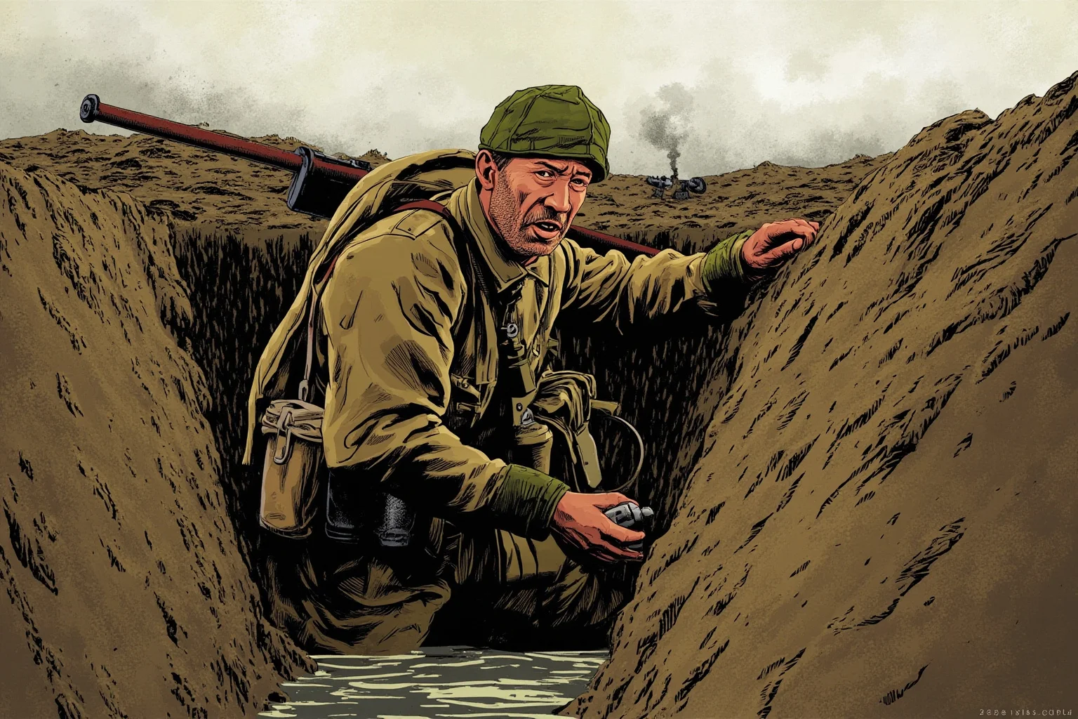 Illustration of a World War I soldier in a trench holding a grenade, with a muddy battlefield backdrop