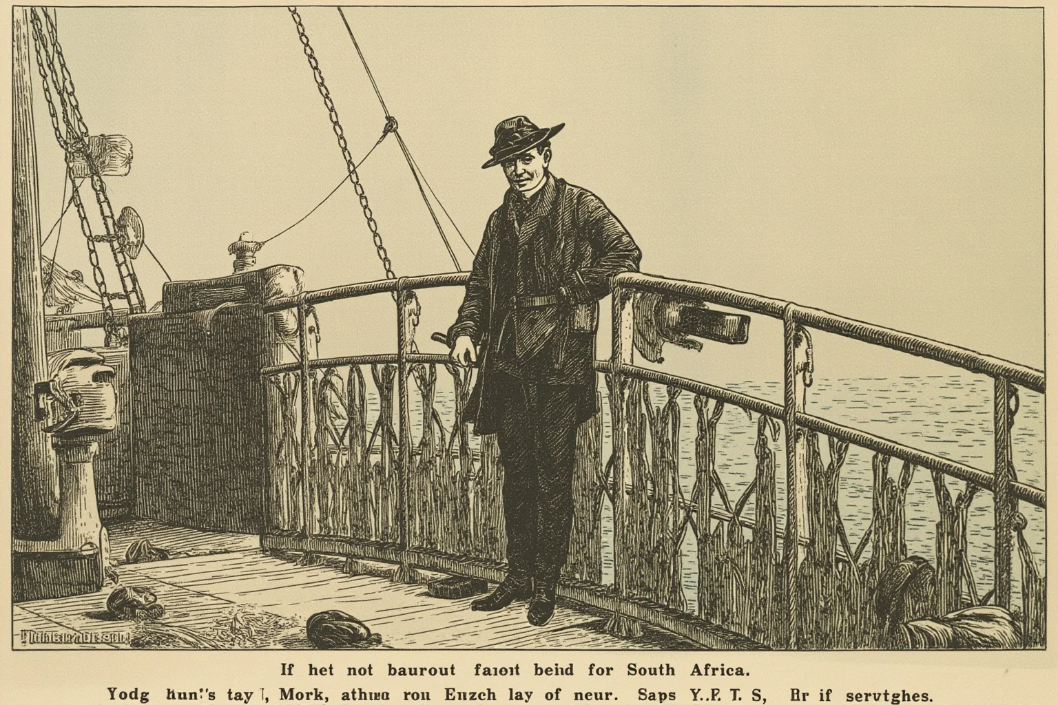 Illustration of a young man in civilian clothes boarding a troopship bound for South Africa, early 1900s, with a Boer War era background