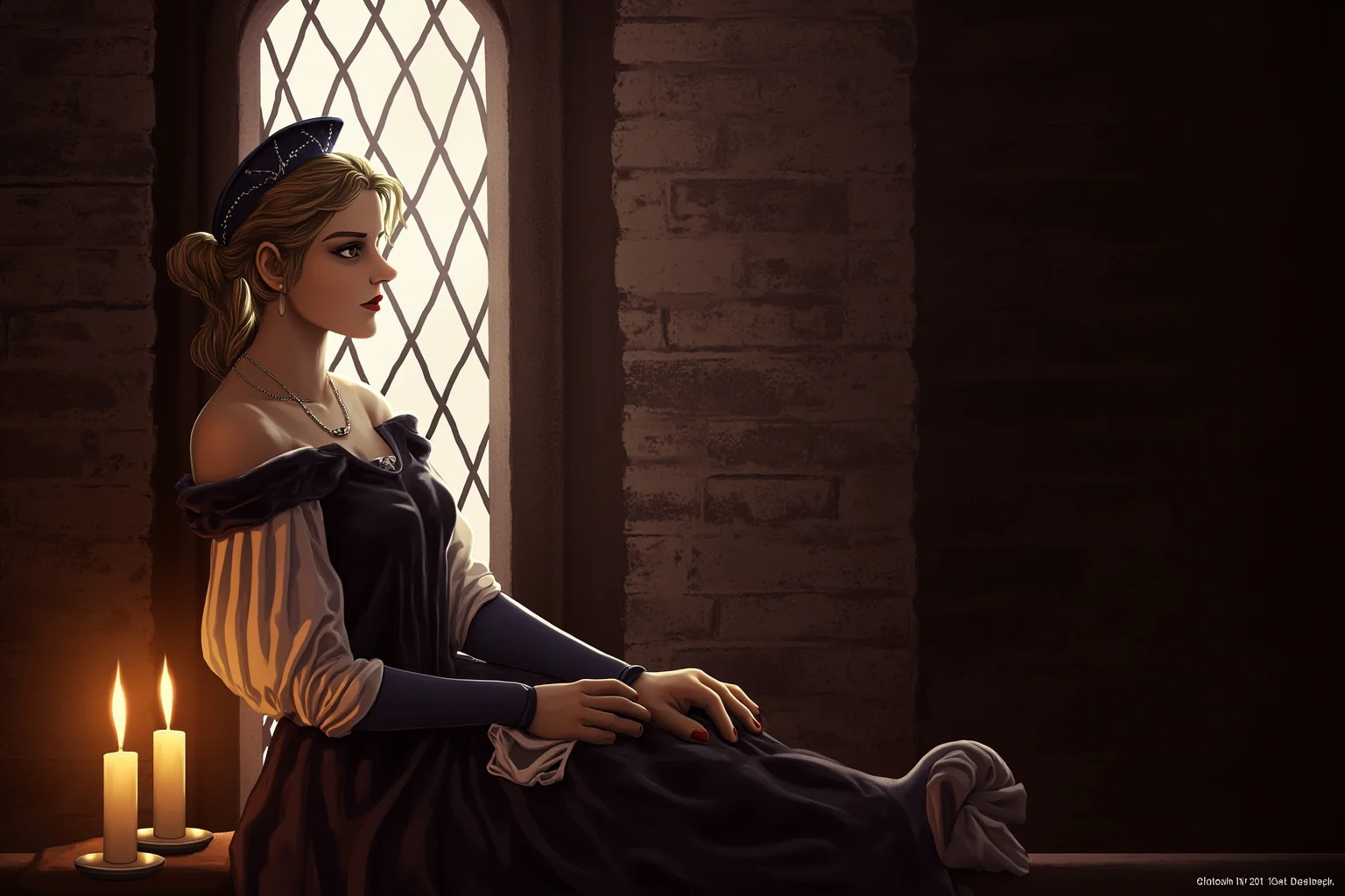 Illustration of a young Tudor-era noblewoman in a velvet gown seated by a window in a stone tower, soft candlelight