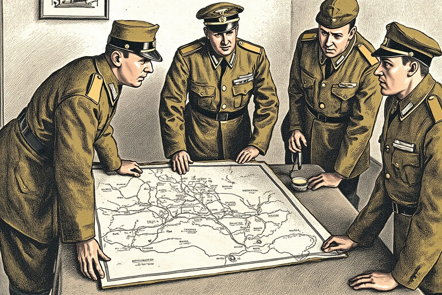 Illustration of Allied officers and Polish soldiers conferring around a map in a 1919 Warsaw headquarters
