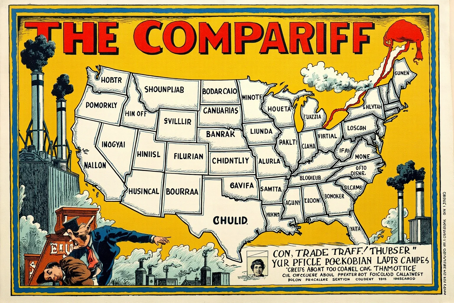 Illustration of an 1880s campaign poster style scene with an Electoral College map and a trade-tariff cartoon, bold colors and early industrial factories in the background