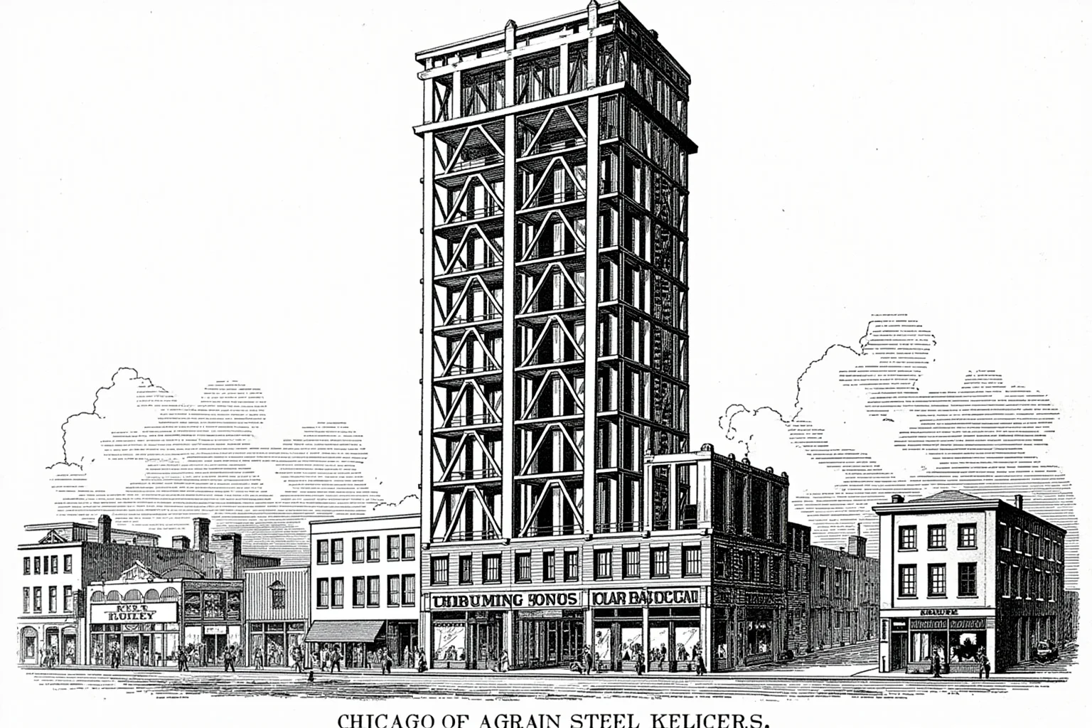 Things Americans Did First Before Any Other Country 12 Illustration of an 1885 Chicago building with exposed steel skeleton frame rising above surrounding low-rise structures.