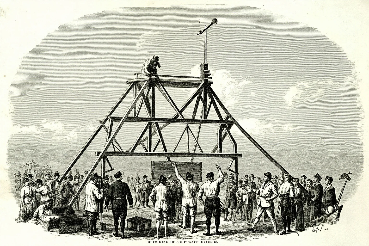 Executions Gone Horribly Wrong: 28 Botched Executions That Shocked History 6 Illustration of an 18th-century beheading machine with a raised blade on a Tower Hill scaffold, gawping crowd below, grey sky, historical print style.